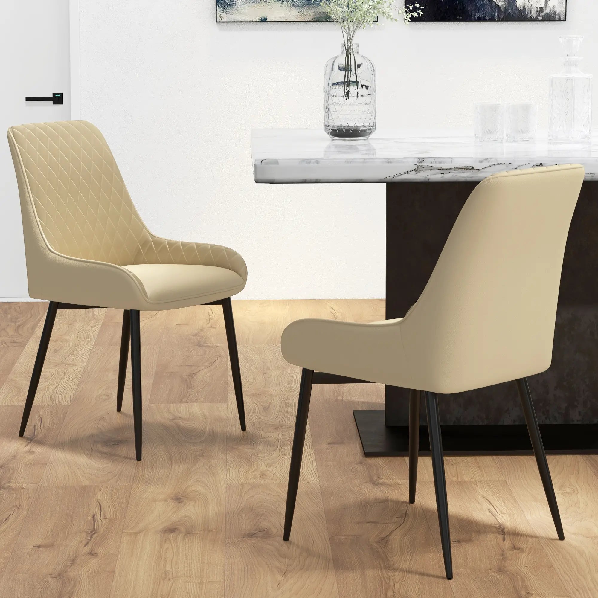 Modern Dining Chairs Set of 2, PU Leather, Metal Legs, Khaki Dining Chairs at Gallery Canada