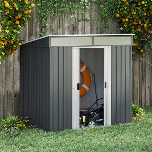 6.5x4FT Galvanised Metal Shed with Foundation, Lockable Garden Tool Storage House with Sliding Doors and 2 Vents, Grey - Gallery Canada
