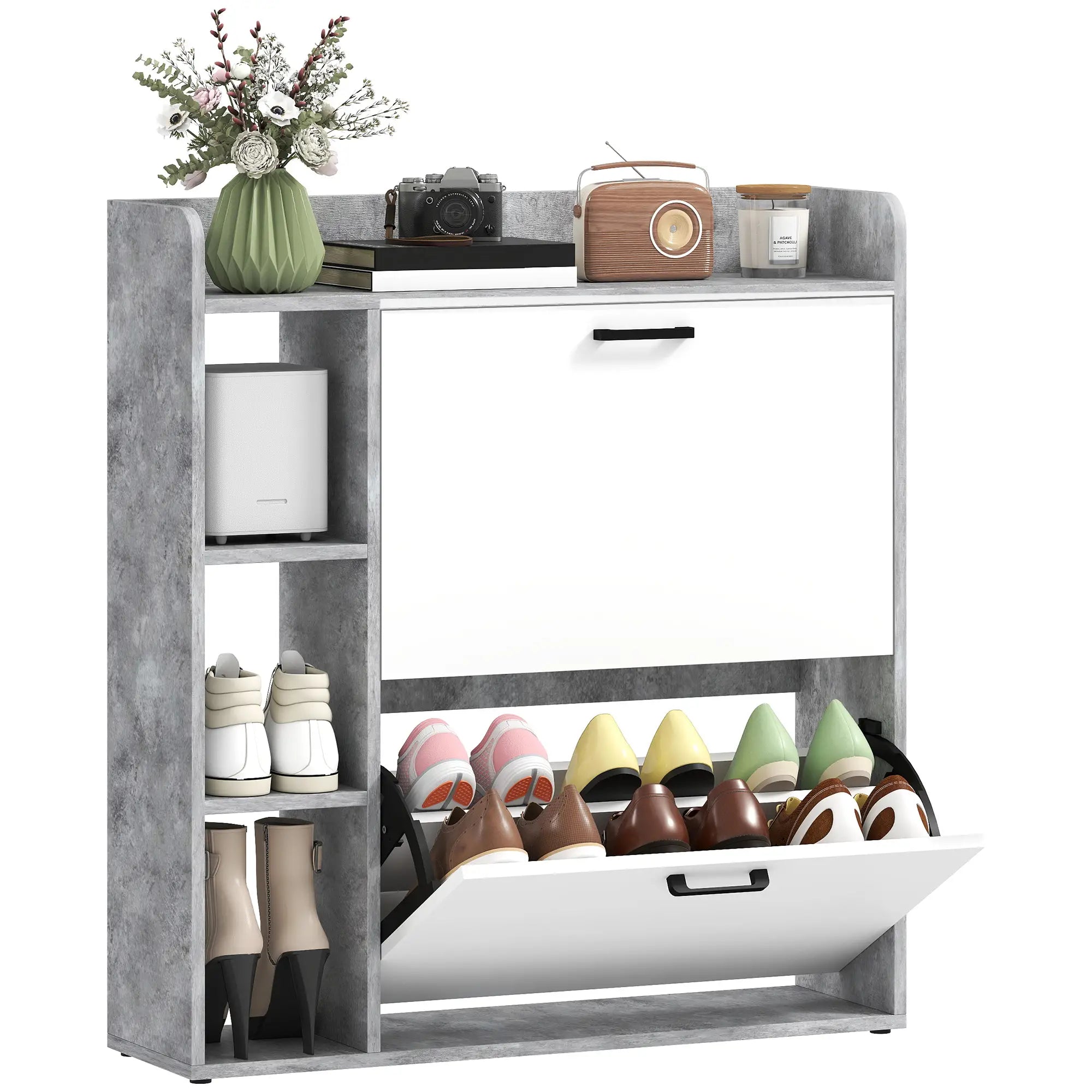 Shoe Cabinet with 2 Flip Drawers, 3 Side Compartments, Adjustable Shelves, 8-12 Pairs for Entryway Hallway, Grey Shoe Storage Cabinets & Racks at Gallery Canada