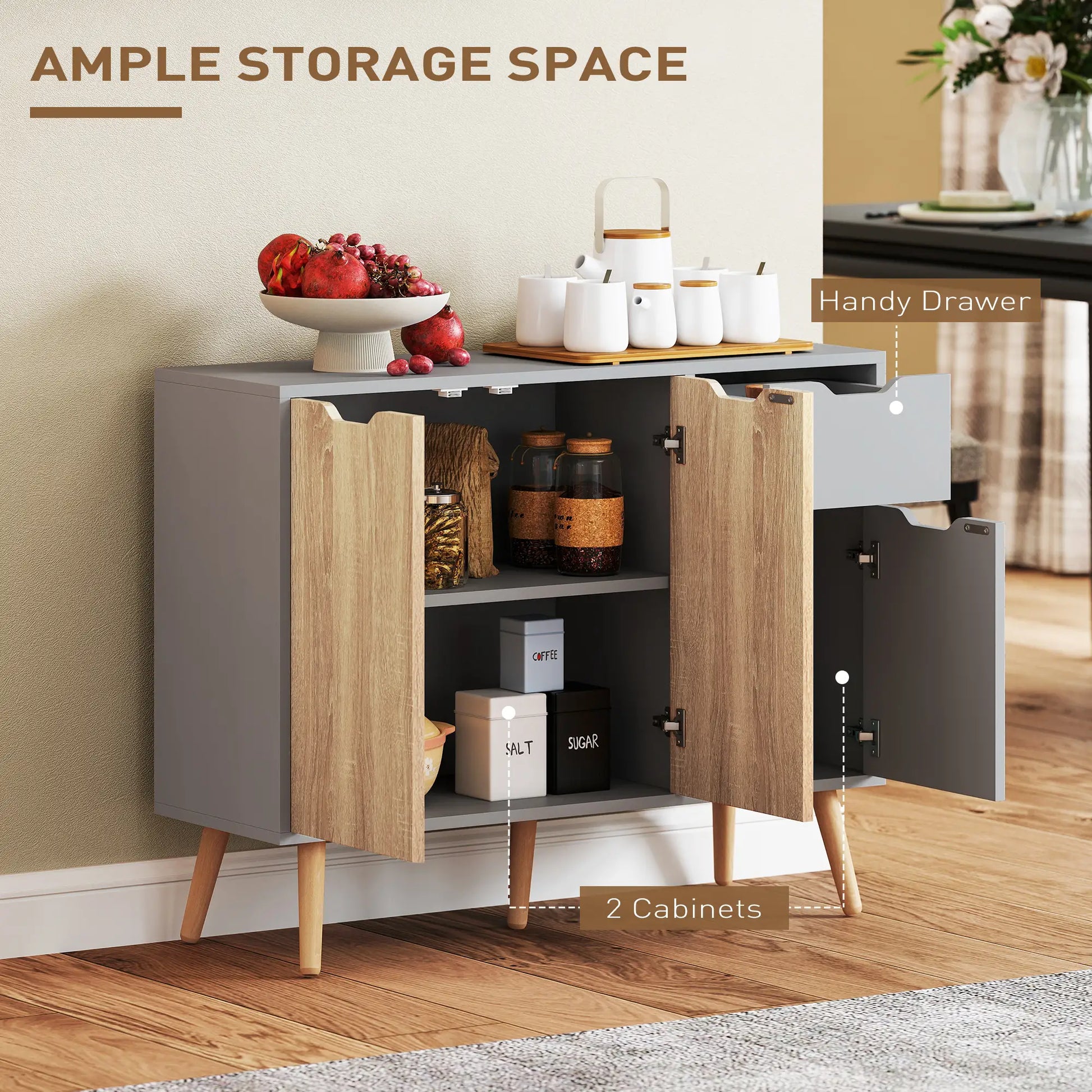 35" Sideboard Storage Cabinet, Nature Wood, Grey Bar Cabinets at Gallery Canada