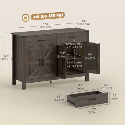 Sideboard Buffet Cabinet, Farmhouse Kitchen Storage, 2 Drawers and Shelves
