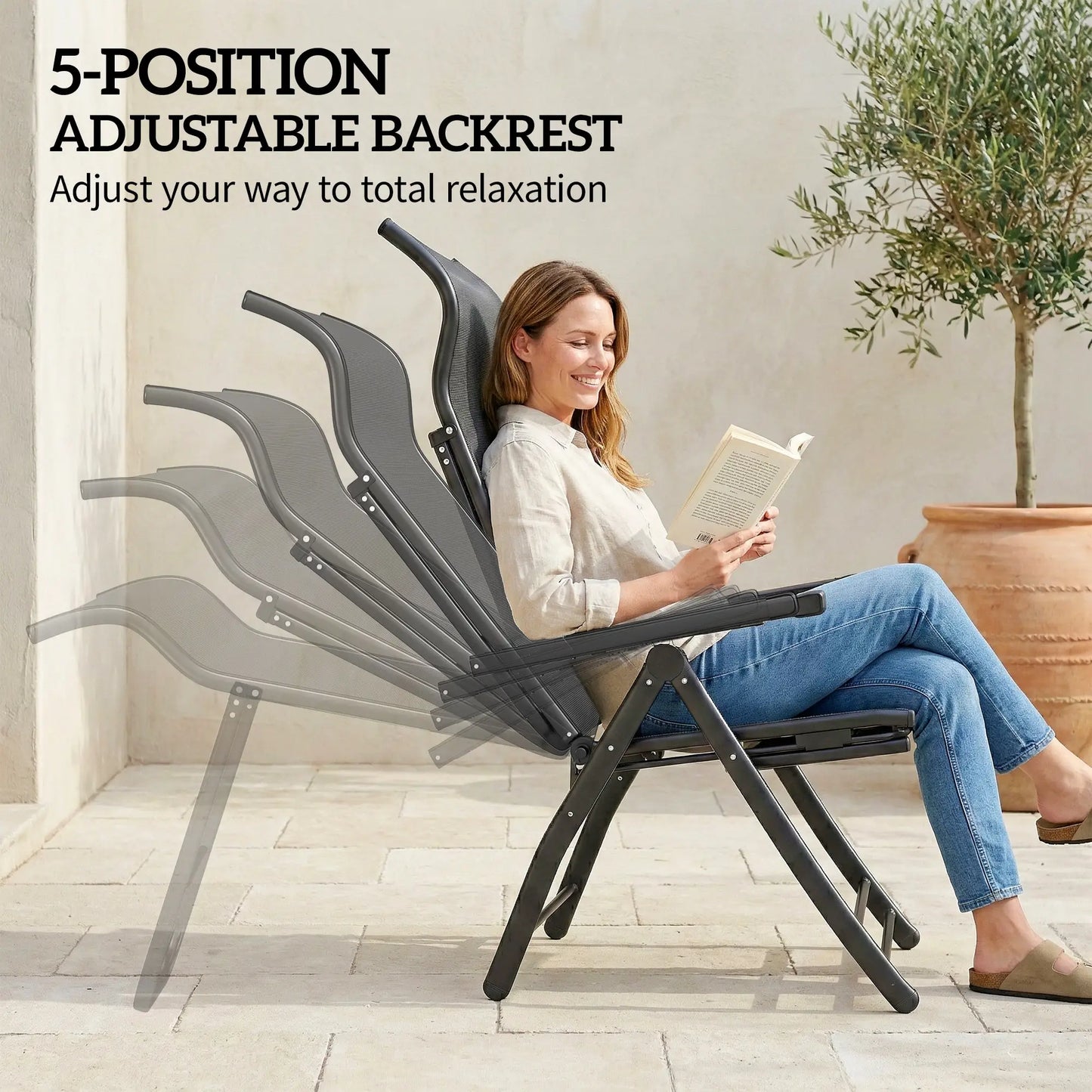 Folding Patio Chairs Set of 2, 5-Position Outdoor Lounge Chairs, Dark Grey Lounger Chairs at Gallery Canada