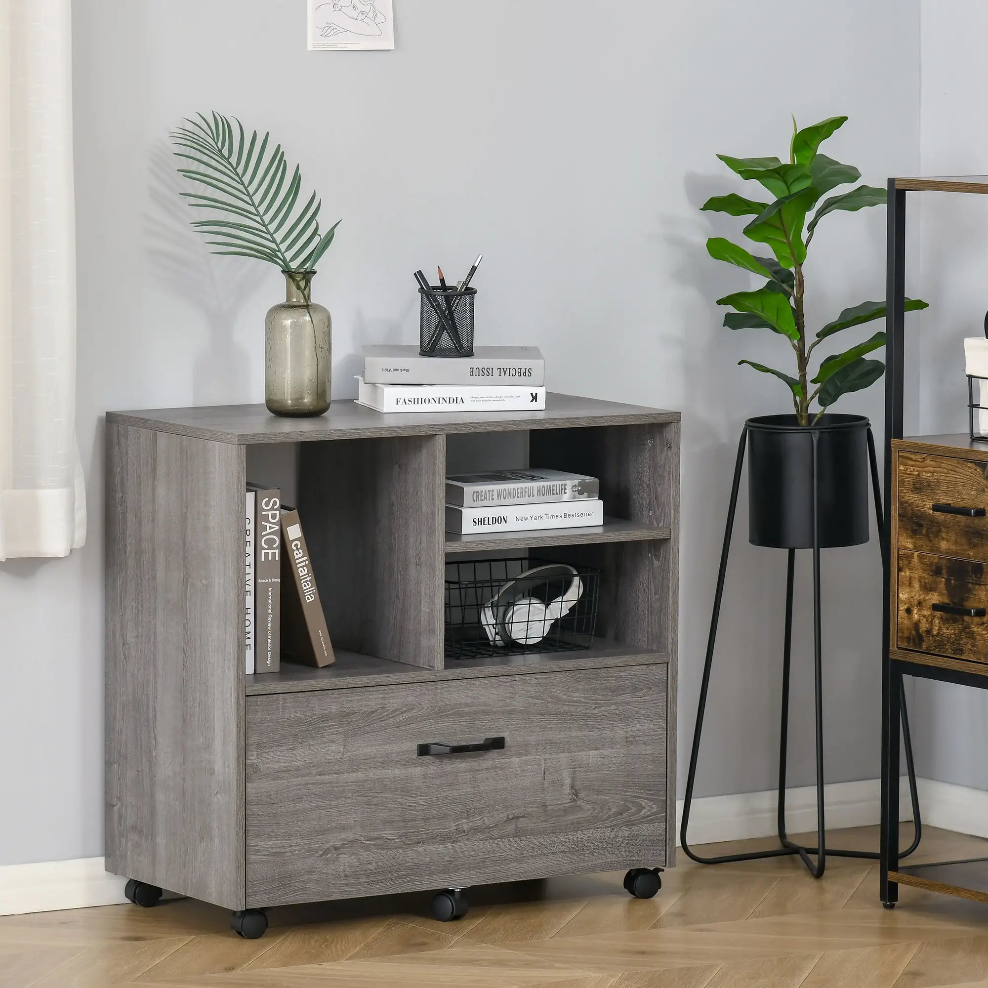 Lateral Filing Cabinet, Open Shelf, Mobile with Wheels, Letter Legal Size, Grey Office Cabinets & Cupboards at Gallery Canada