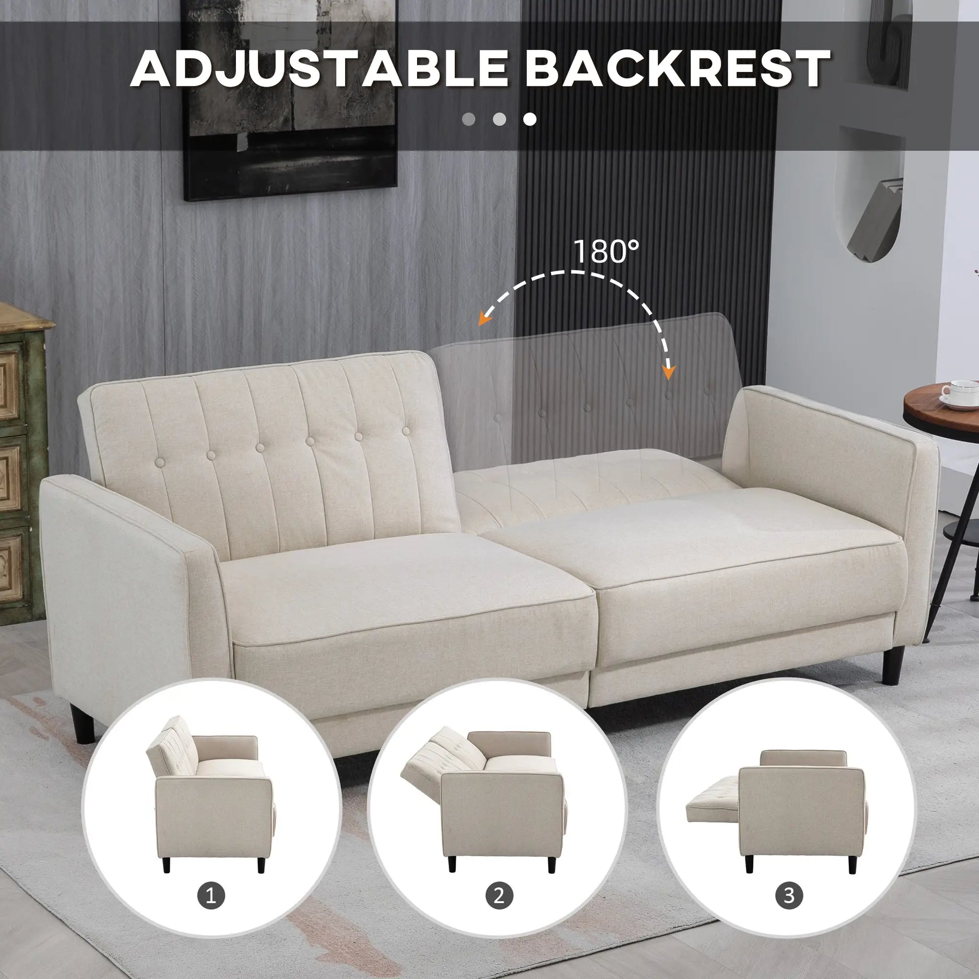 Convertible Bed, Button Tufted Fabric Sofa Bed, Adjustable Back, Beige 2-Seater Sofas at Gallery Canada