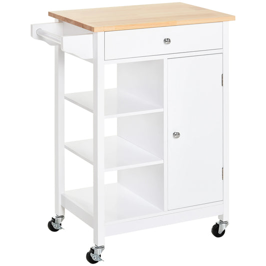 Modern Rolling Kitchen Island Cart, Natural Wood Top, White Kitchen Islands & Kitchen Carts Natural, White at Gallery Canada