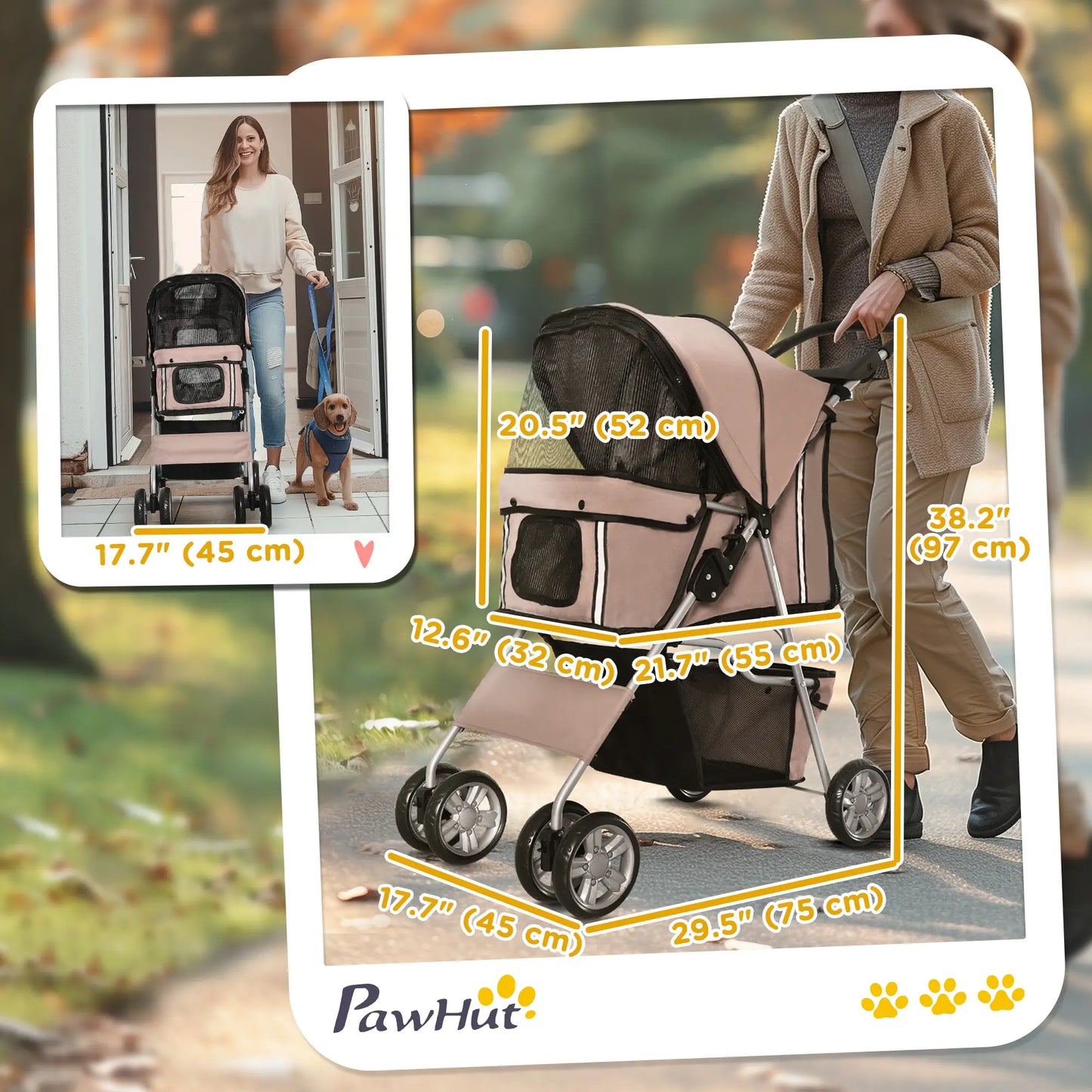 4 Wheel Dog Pet Stroller, Folding Sunshade Canopy, Brake, Safety Leash, Cup Holder, Brown Dog Bike Trailers & Strollers at Gallery Canada