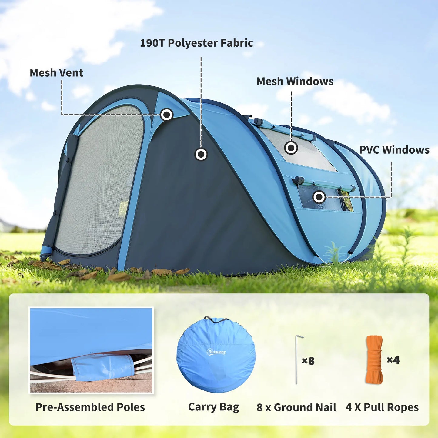4 Person Pop Up Tent, Automatic Setup, With Doors, Windows, Carry Bag, Blue Camping Tents at Gallery Canada