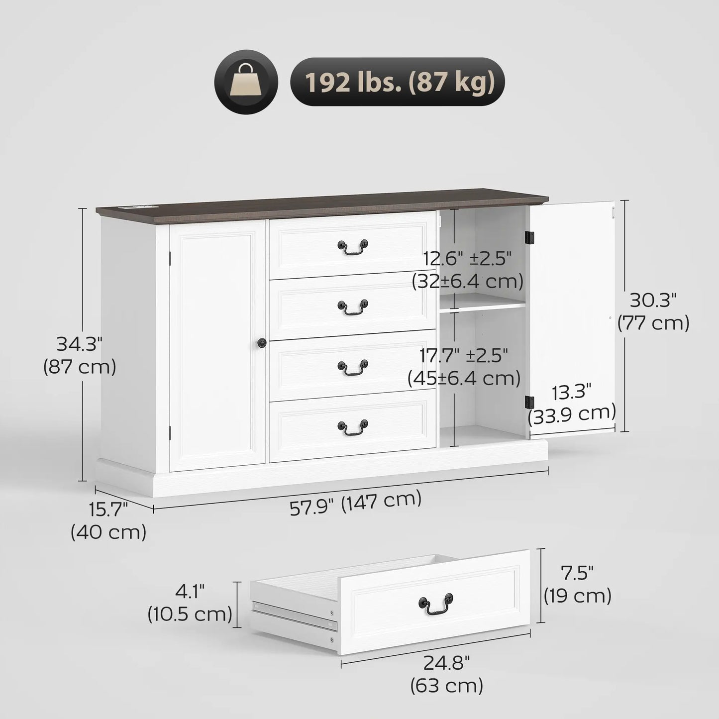 Farmhouse Sideboard with Charging Station, 58" Buffet Cabinet, White Storage Cabinets at Gallery Canada