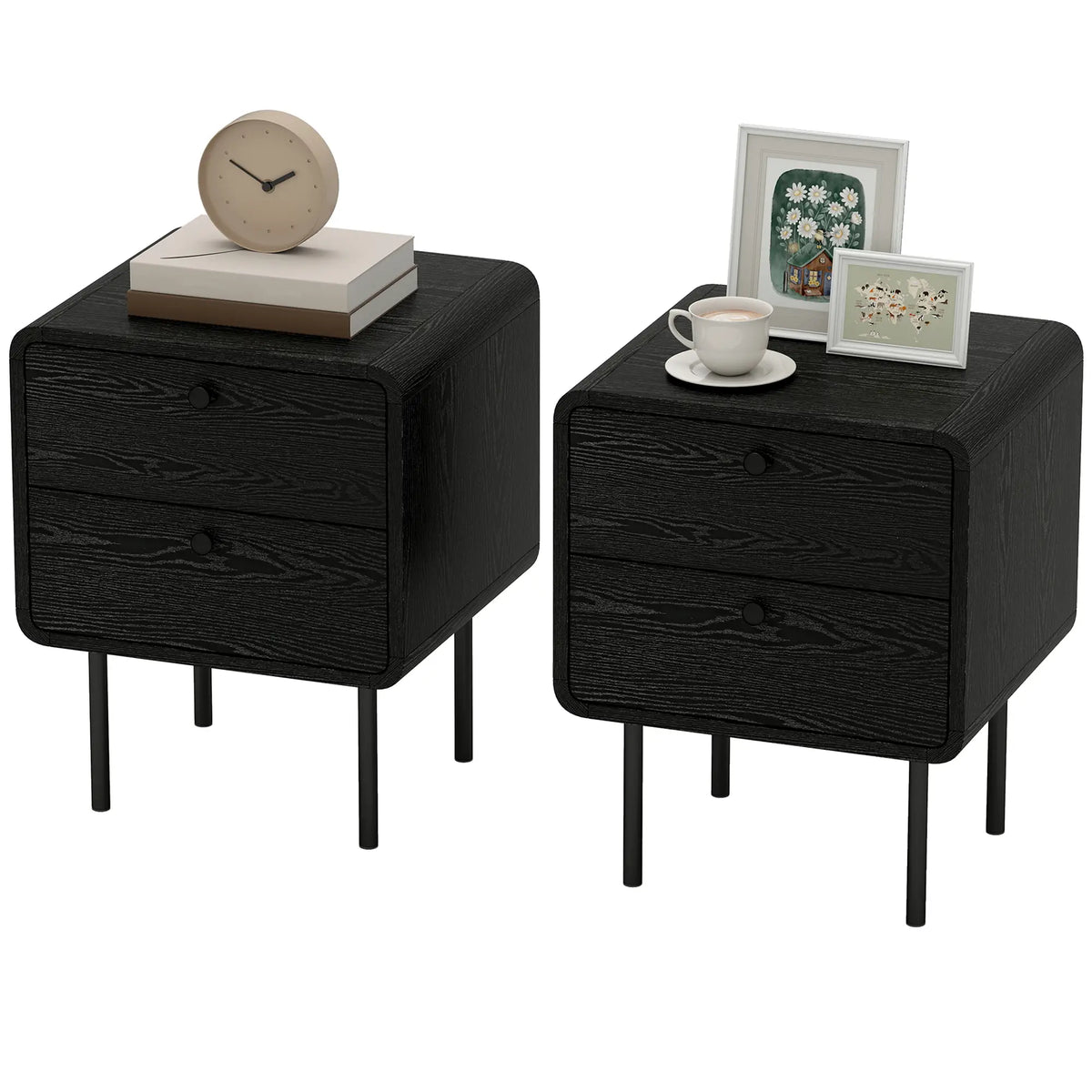Tables de chevet modernes lot de 2, 2 tiroirs, pieds en acier, grain de bois noir, noir