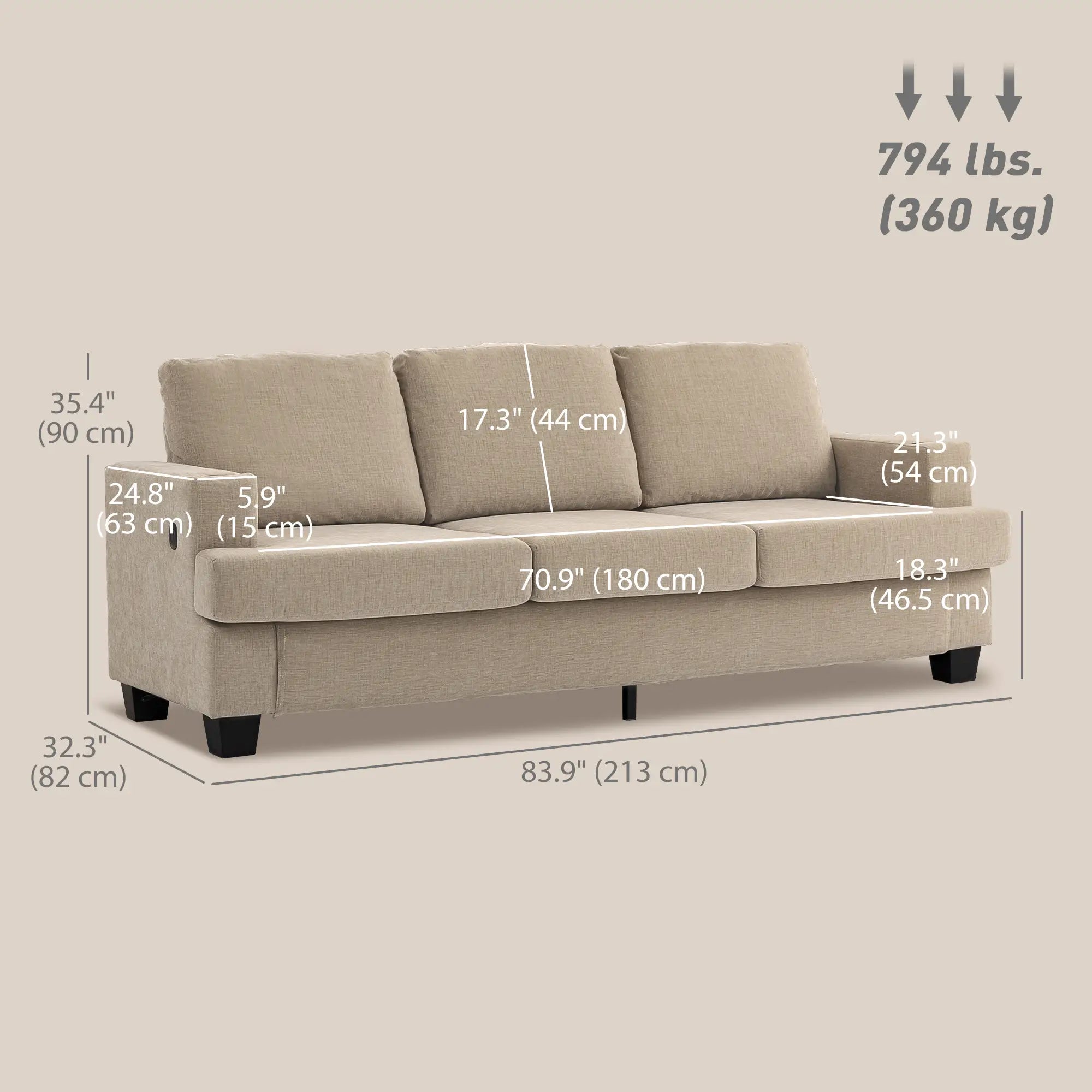 3 Seater Sofa with USB Ports, Cup Holders, Chenille Upholstery, Light Brown 3-Seater Sofas at Gallery Canada