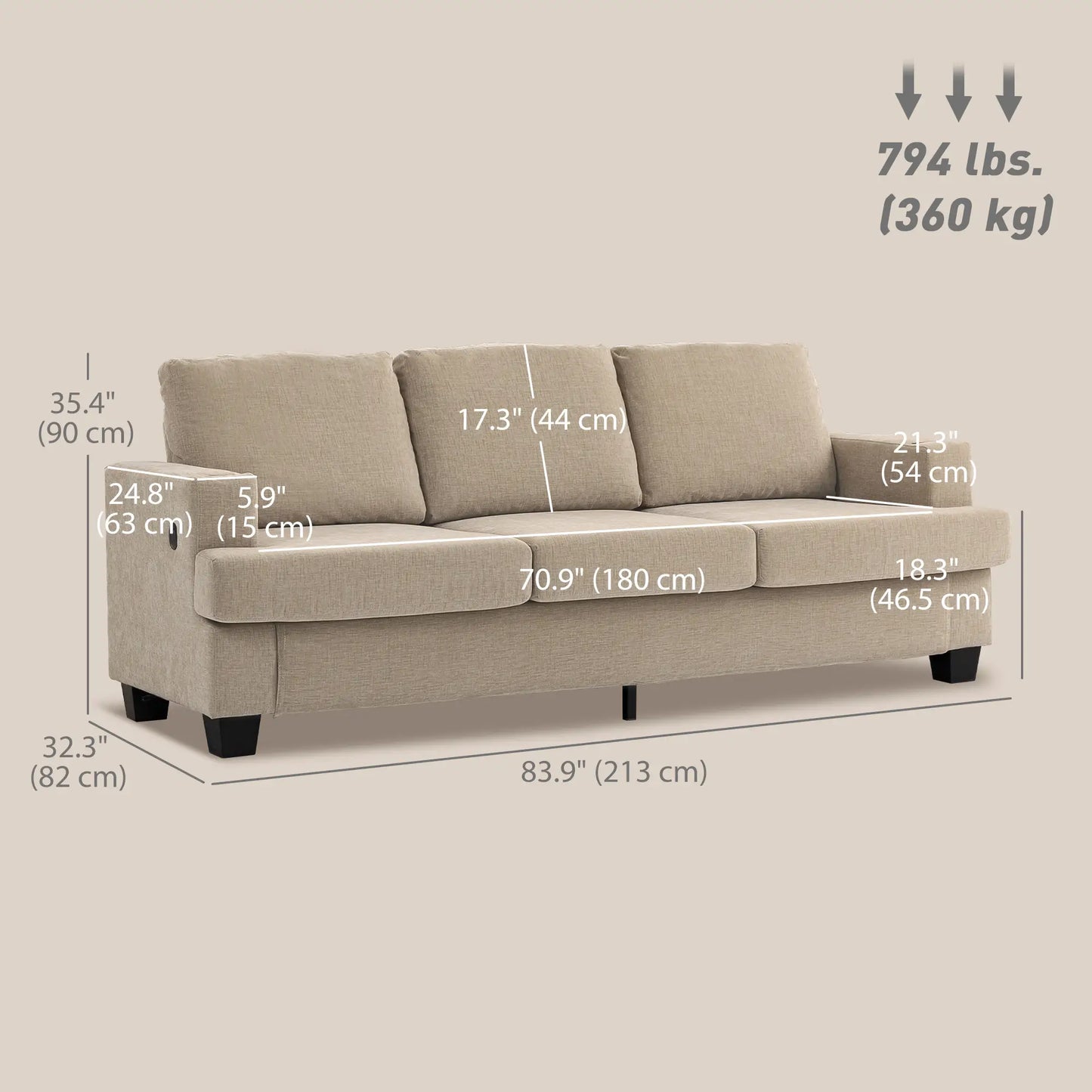 3 Seater Sofa with USB Ports, Cup Holders, Chenille Upholstery, Light Brown 3-Seater Sofas at Gallery Canada