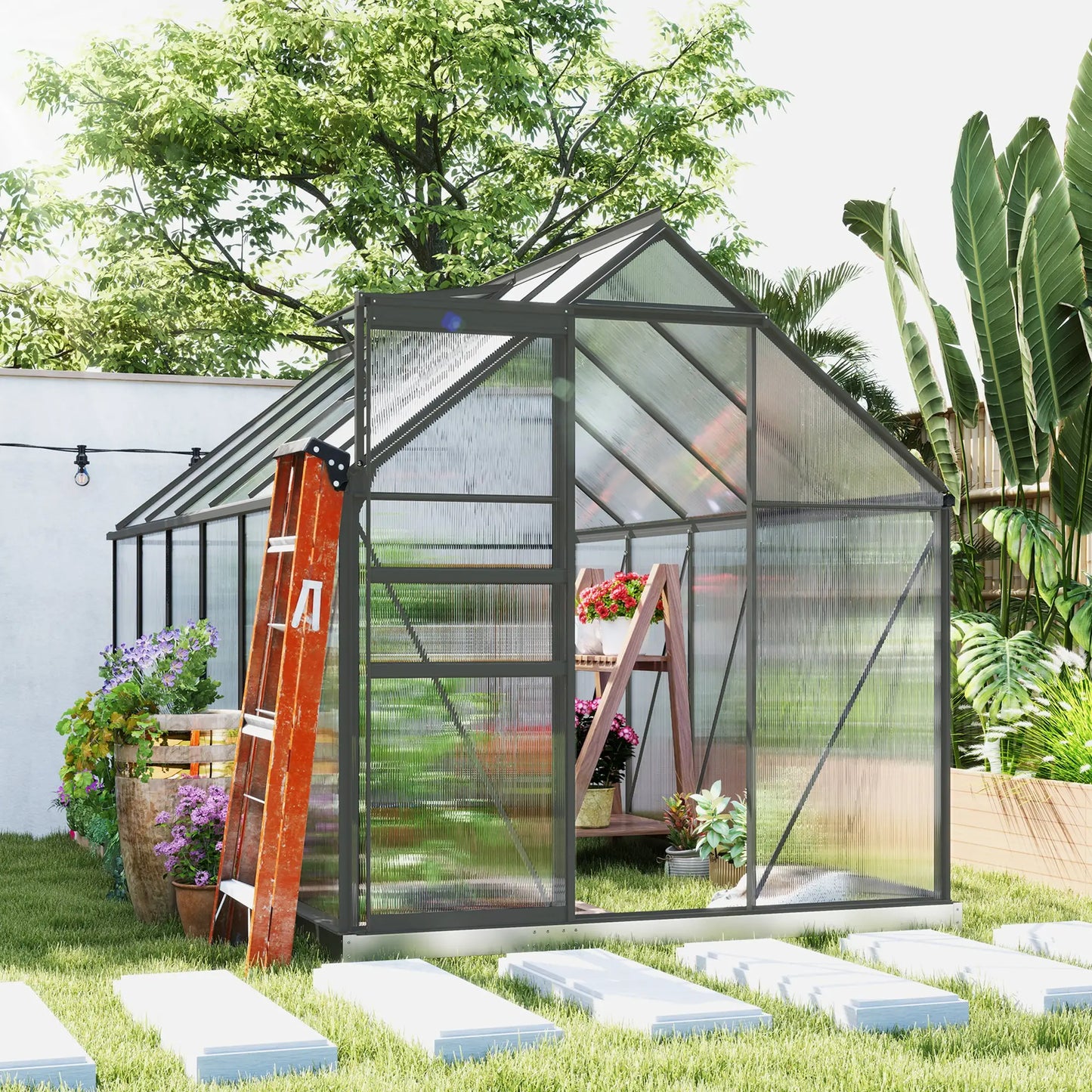6' x 12' x 6.5' Polycarbonate Greenhouse, Walk-in, Adjustable Roof Vent, Sliding Door, Charcoal Grey Walk In Greenhouses at Gallery Canada