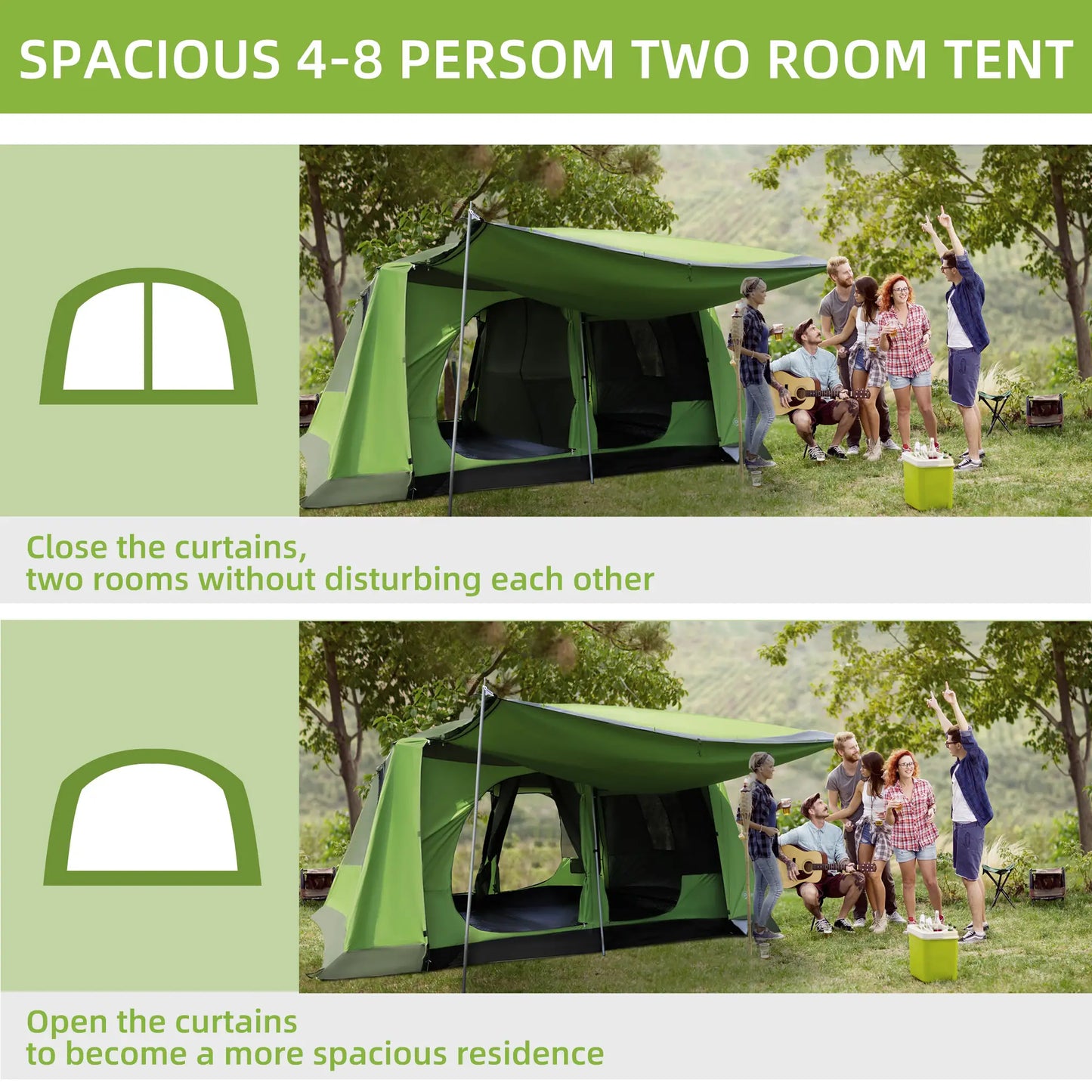 Tunnel Tent Camping Shelter, Two Rooms, Lamp Hook, Portable, Green Camping Tents at Gallery Canada