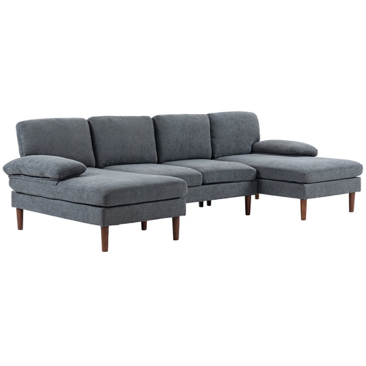 U Shape Couch, Double Chaise Lounge, 4 Seater Sofa, Wooden Legs, Dark Grey 3-Seater Sofas Dark Grey, Brown at Gallery Canada