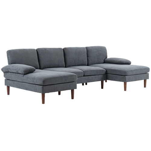 U Shape Couch, Double Chaise Lounge, 4 Seater Sofa, Wooden Legs, Dark Grey