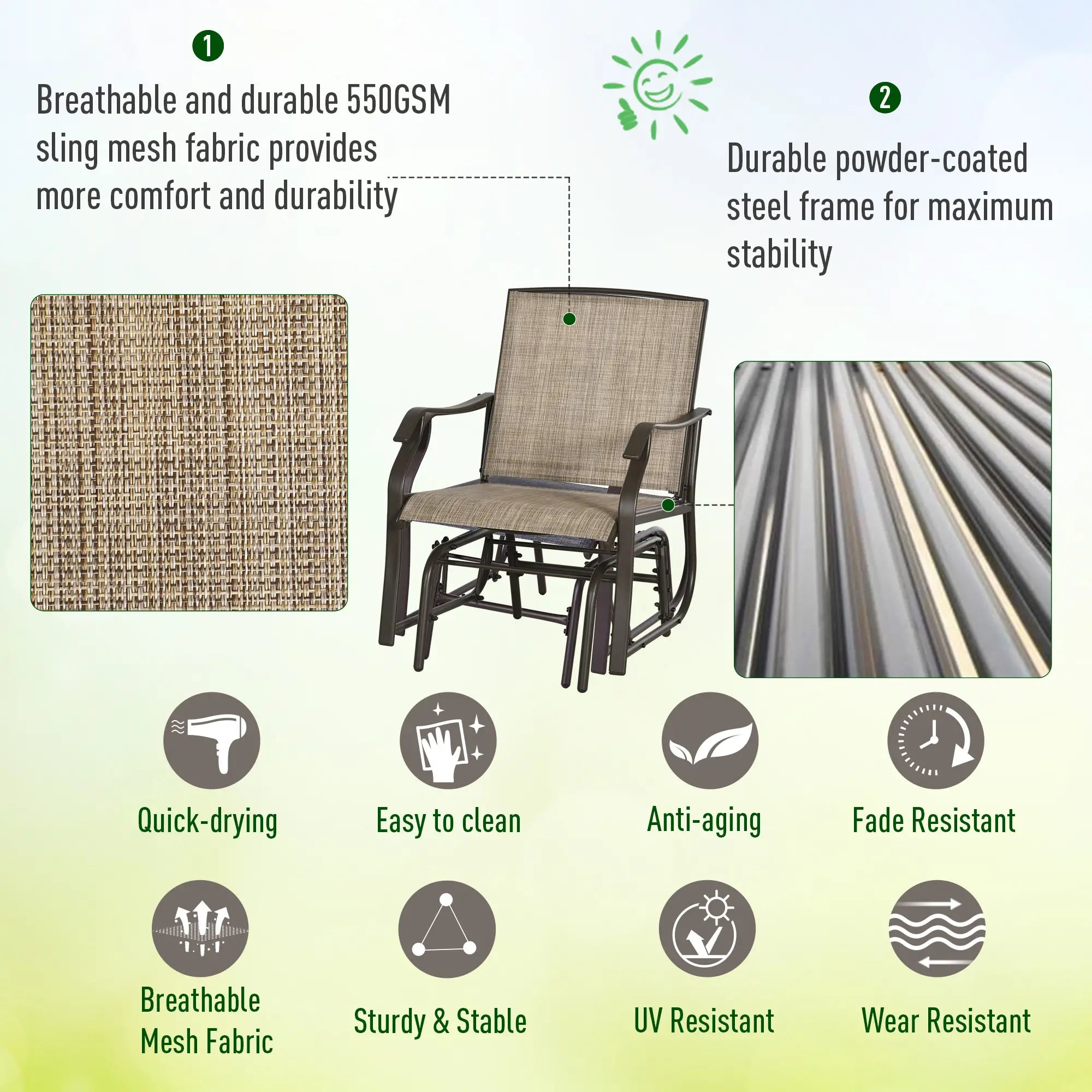 3 Piece Patio Glider Set, Outdoor Gliders, Mesh Seat, Glass Table, Mixed Brown, Brown Outdoor Gliders at Gallery Canada