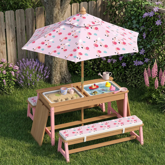 Kids Picnic Table With Bench, Removable Umbrella, Flamingo Theme, Pink Kids Outdoor Furniture Pink, Natural at Gallery Canada