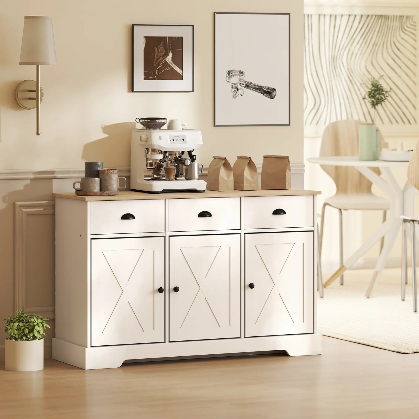46.5" Buffet Cabinet, Farmhouse Sideboard, 3 Barn Doors, 3 Drawers, White Bar Cabinets at Gallery Canada