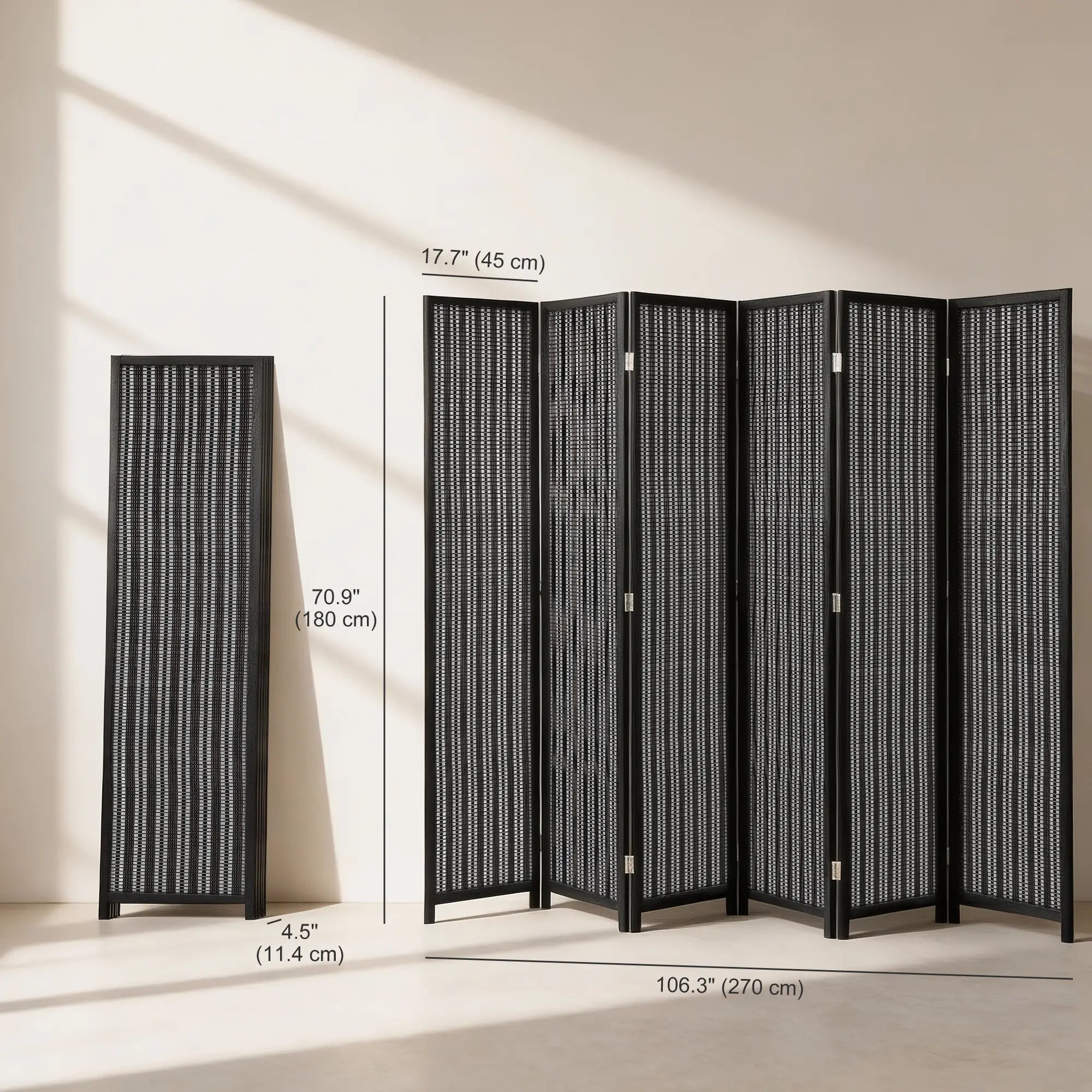 Folding Privacy Screen, 6 Panel Room Divider, Handwoven Bamboo, Black Room Dividers at Gallery Canada