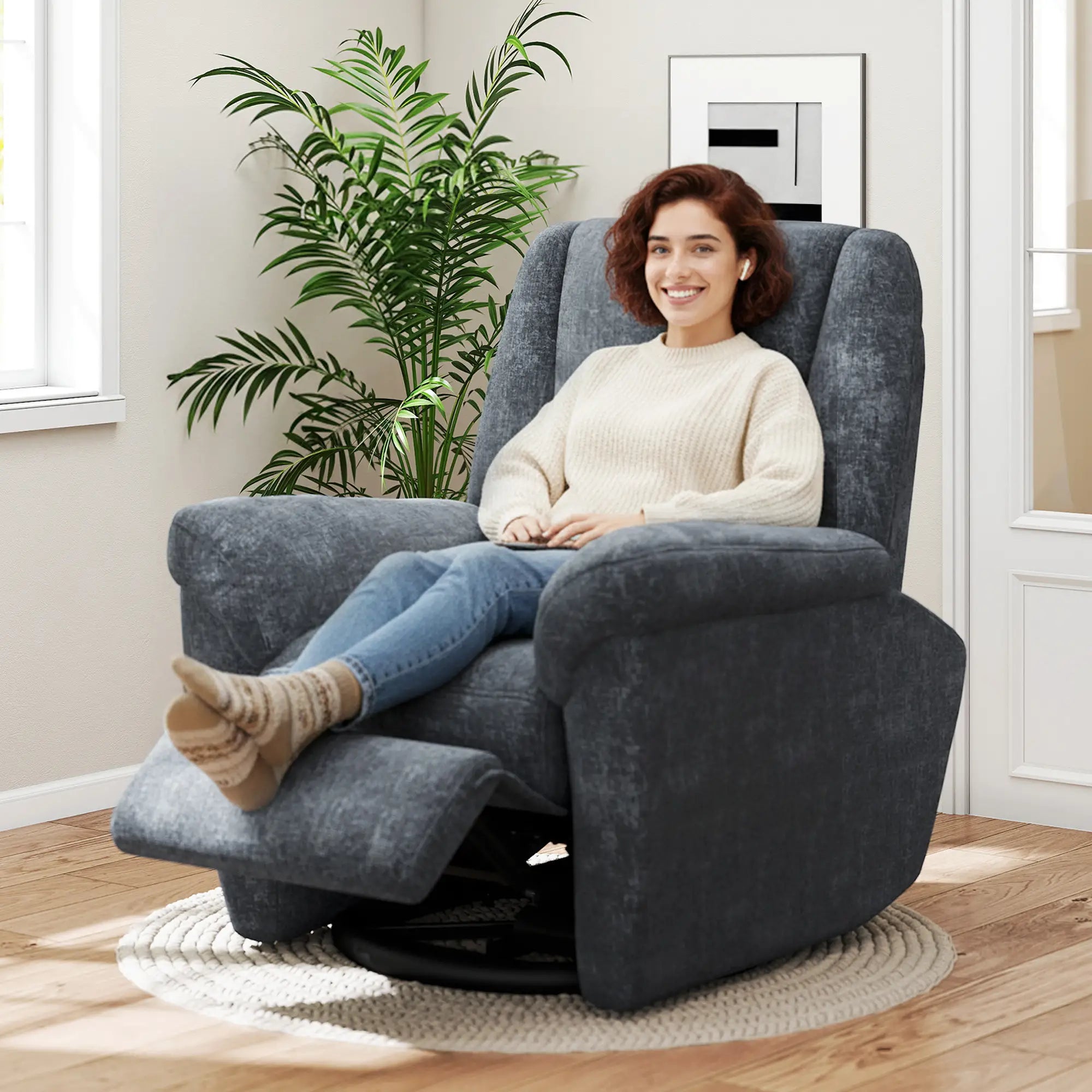Power Recliner Chair, Fabric Upholstery, USB Ports, Swivel Rocking, Dark Grey Single Sofas at Gallery Canada