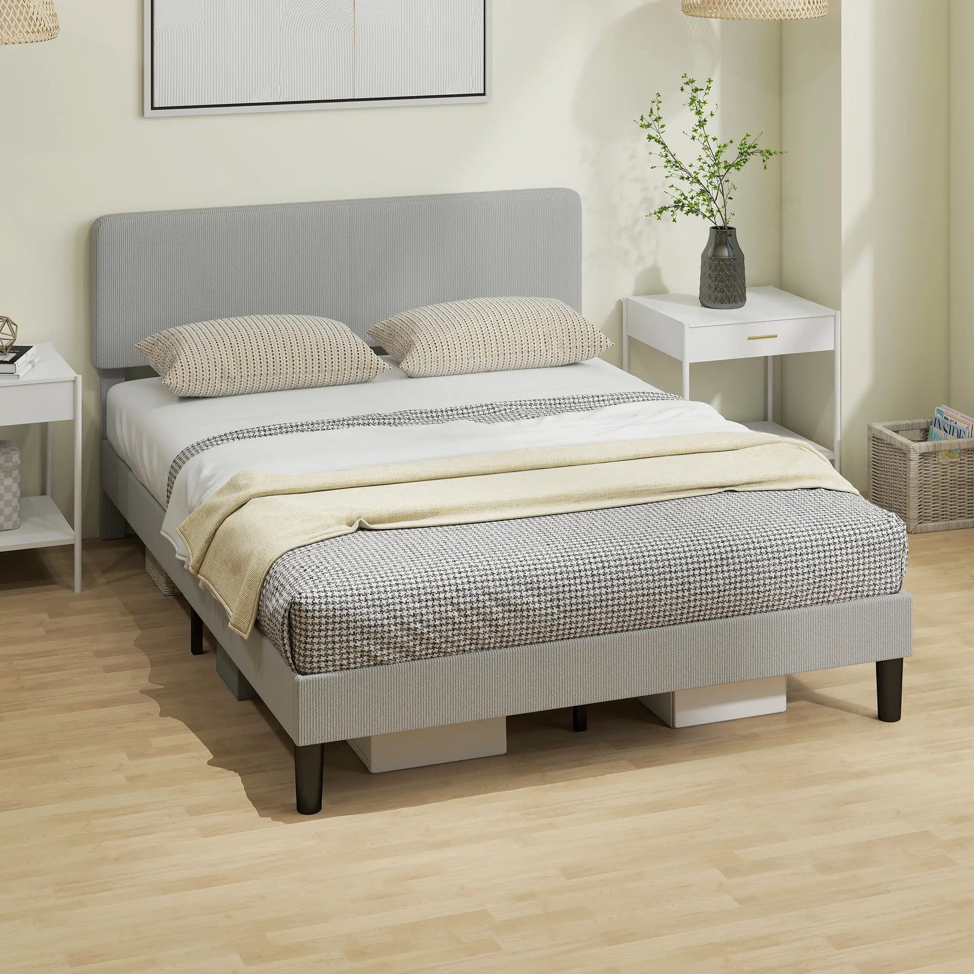 Queen Size Bed Frame, Adjustable Upholstered Headboard, Wood Slat Support, Light Grey Bed Frames at Gallery Canada