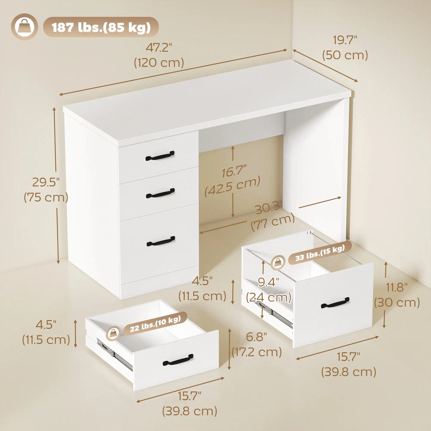 Computer Desk With 3 Drawers, 47", Adjustable Hanging Rails, White Writing Desks at Gallery Canada