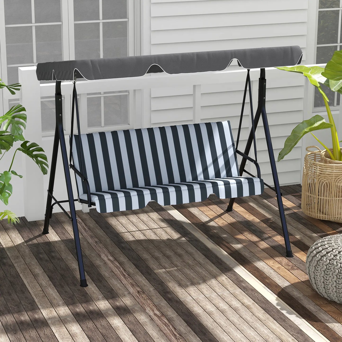 3-Seater Outdoor Porch Swing, Adjustable Canopy, White, Grey Patio Swings with Stand at Gallery Canada