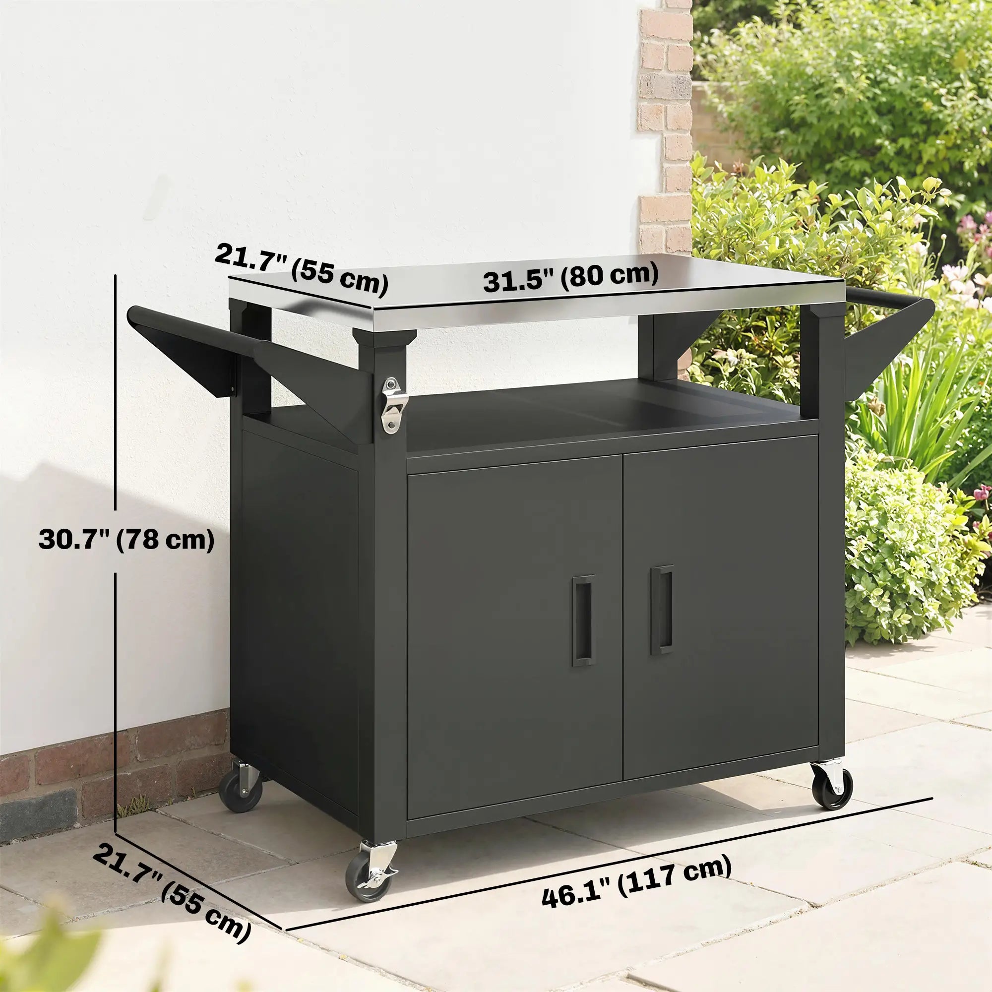 Outdoor Grill Cart, Stainless Steel Tabletop, 3-Shelf Pizza Oven Stand, Storage Cabinet, Wheels, Black Outdoor Grill Carts at Gallery Canada