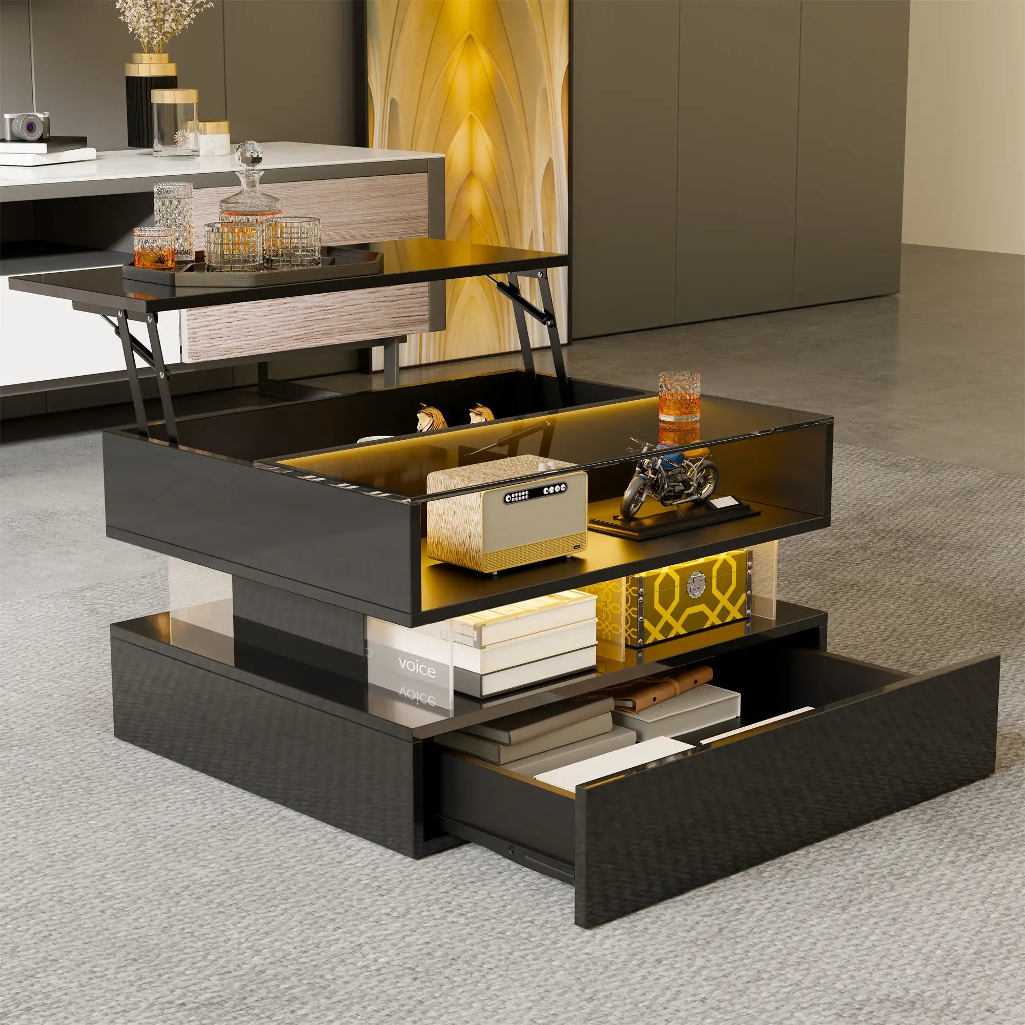 Glass Top LED Coffee Table, Storage Drawer, Adjustable Height, 26