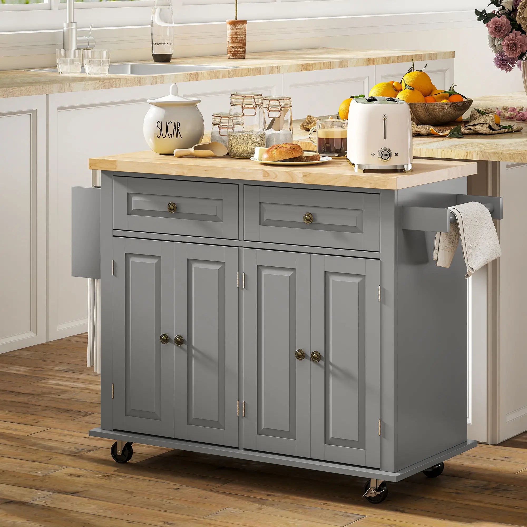 Kitchen Island with Storage, Rolling Cart, Rubber Wood Top, Grey Kitchen Islands & Kitchen Carts at Gallery Canada