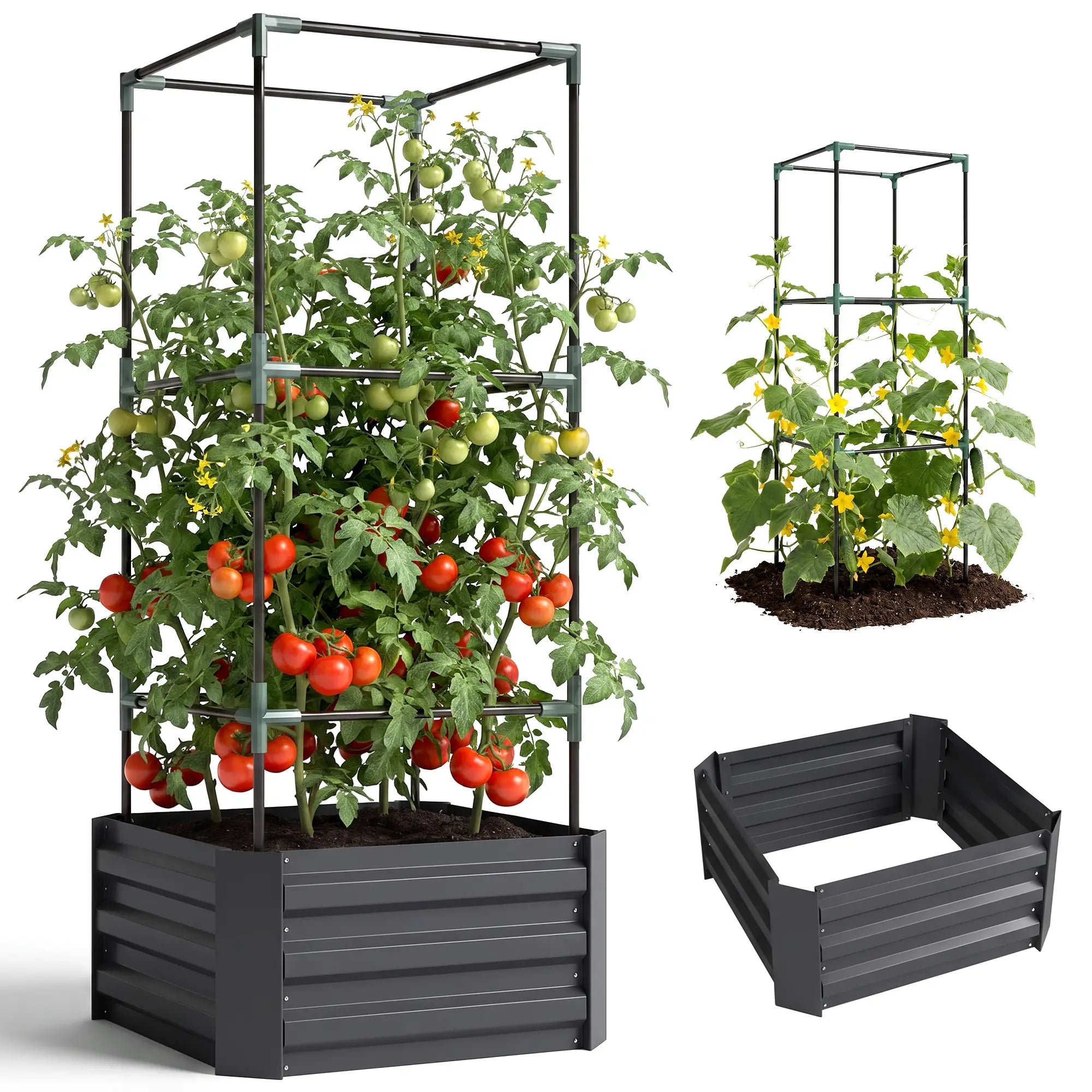 Galvanized Planter Box, Raised Garden Bed with Trellis, Grey Galvanized Planter Boxes at Gallery Canada