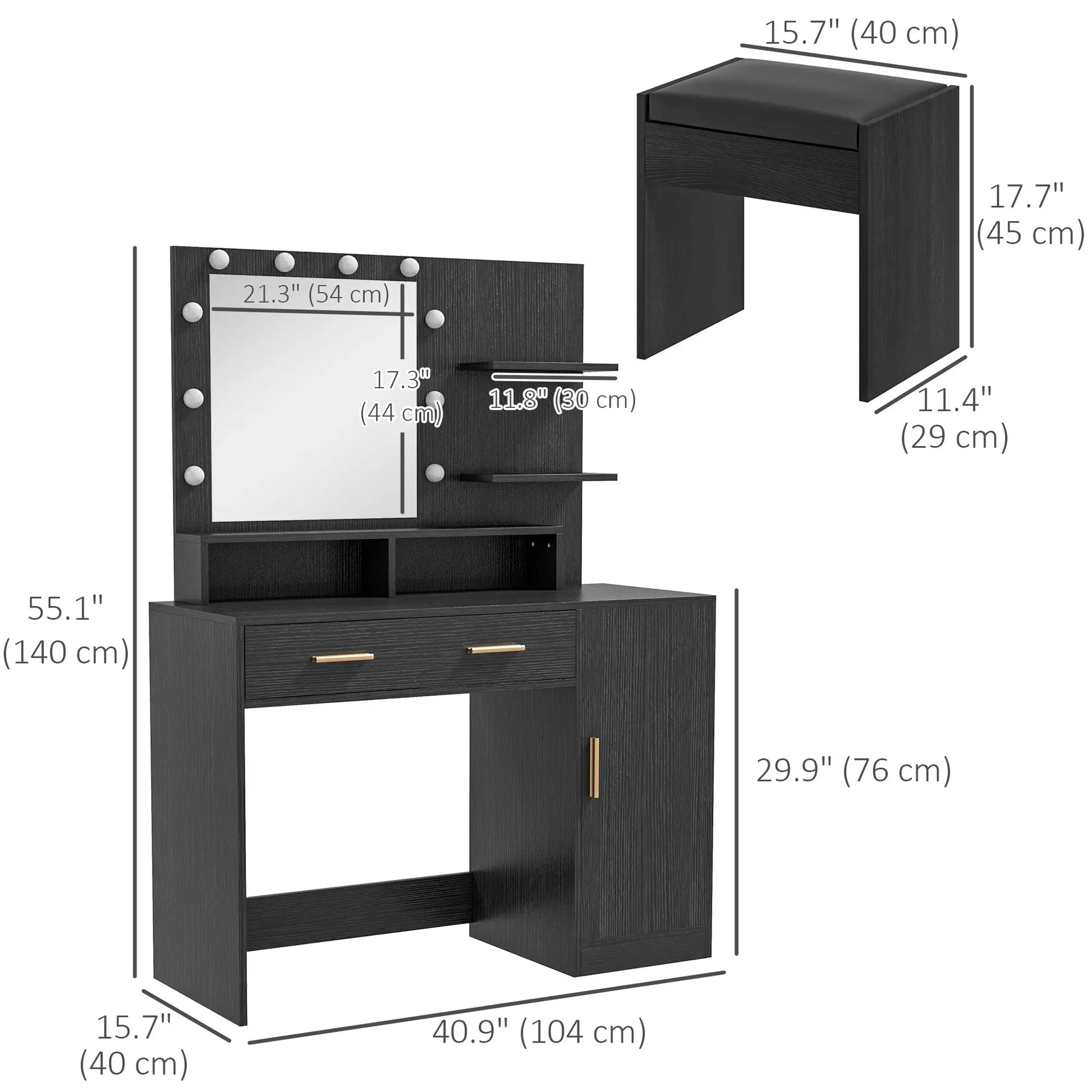 LED Vanity Table Set with Stool, Mirror, Drawer, Cabinet Shelves Dressing & Vanity Tables at Gallery Canada