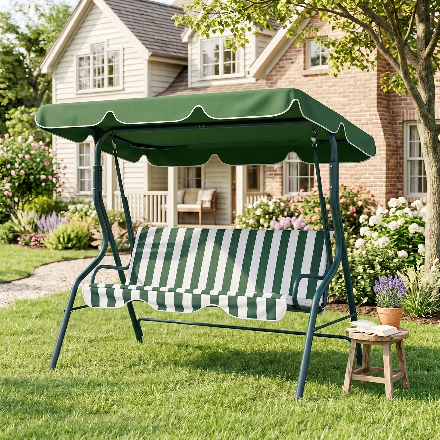 Outdoor Porch Swing, Adjustable Canopy, 3-Seater, Green Patio Swings with Stand at Gallery Canada