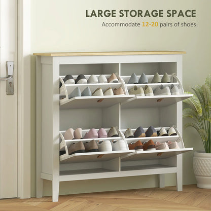 Narrow Shoe Cabinet, 4 Flip Drawers, Adjustable Shelves, White