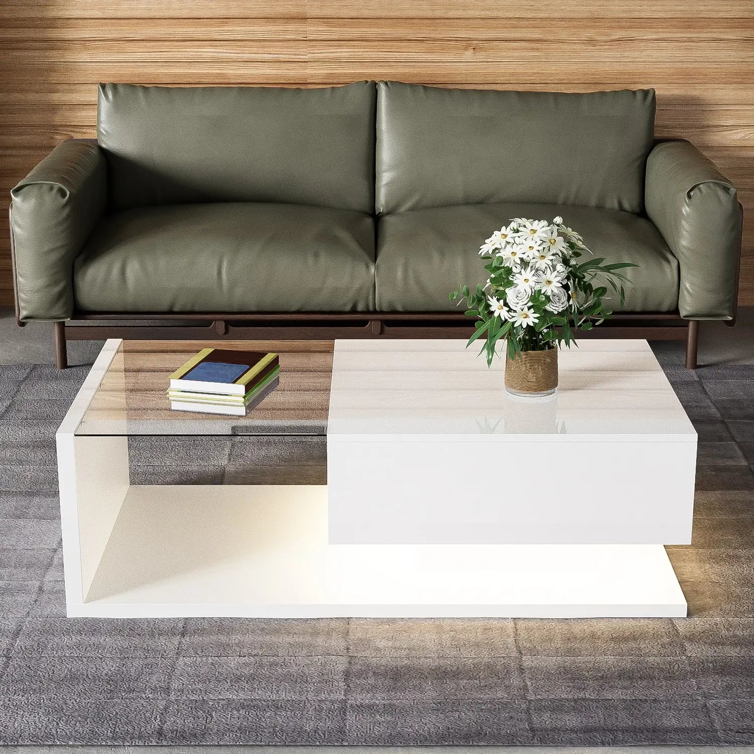 Modern Coffee Table, Glass LED Effect, Storage, 41.5