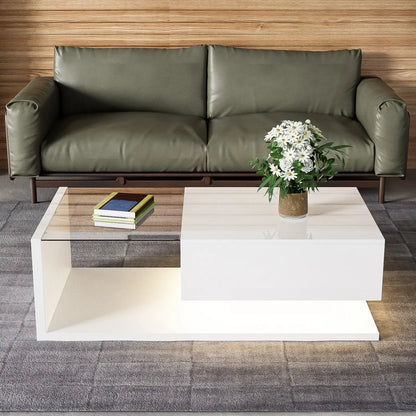 Modern Coffee Table, Glass LED Effect, Storage, 41.5" L x 21.5" W x 12.5" H, White Coffee Tables at Gallery Canada