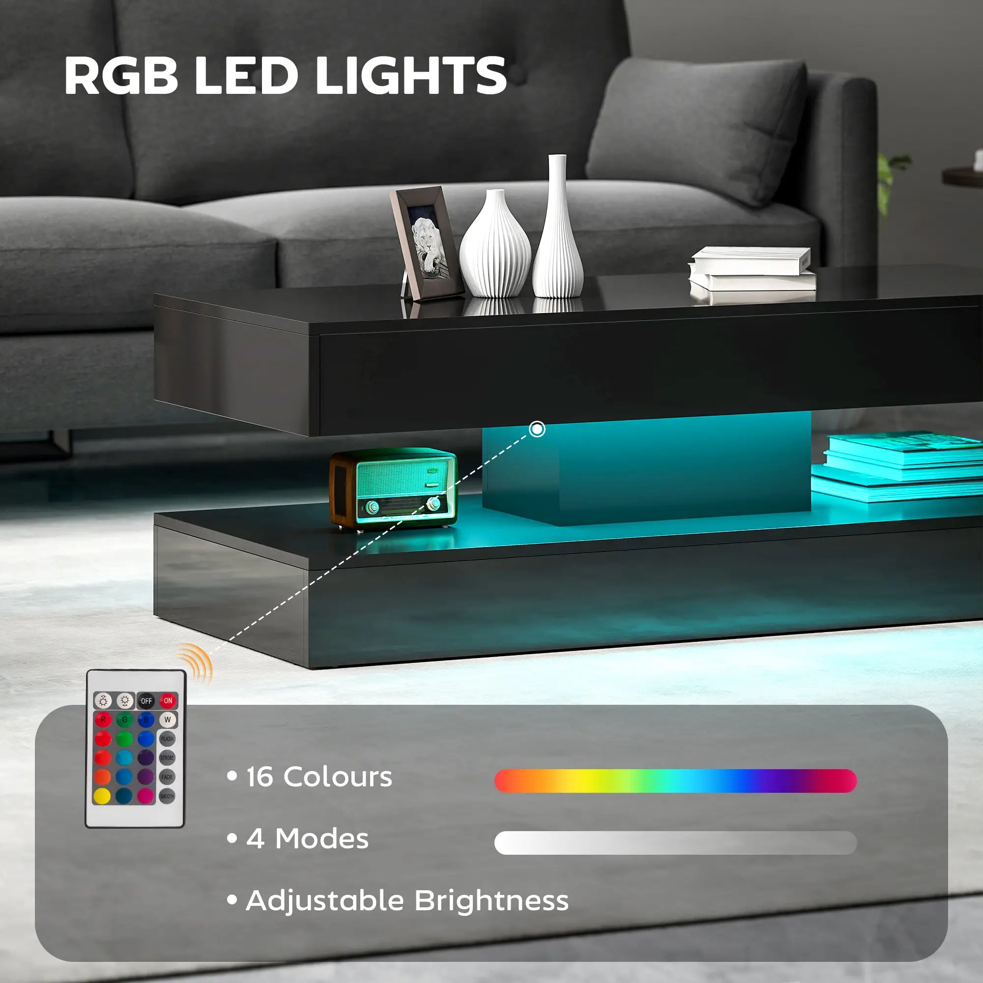 Adjustable LED Coffee Table, Modern Living Room Table, 2 Drawers, Open Shelf, Remote, High Gloss Black Coffee Tables at Gallery Canada