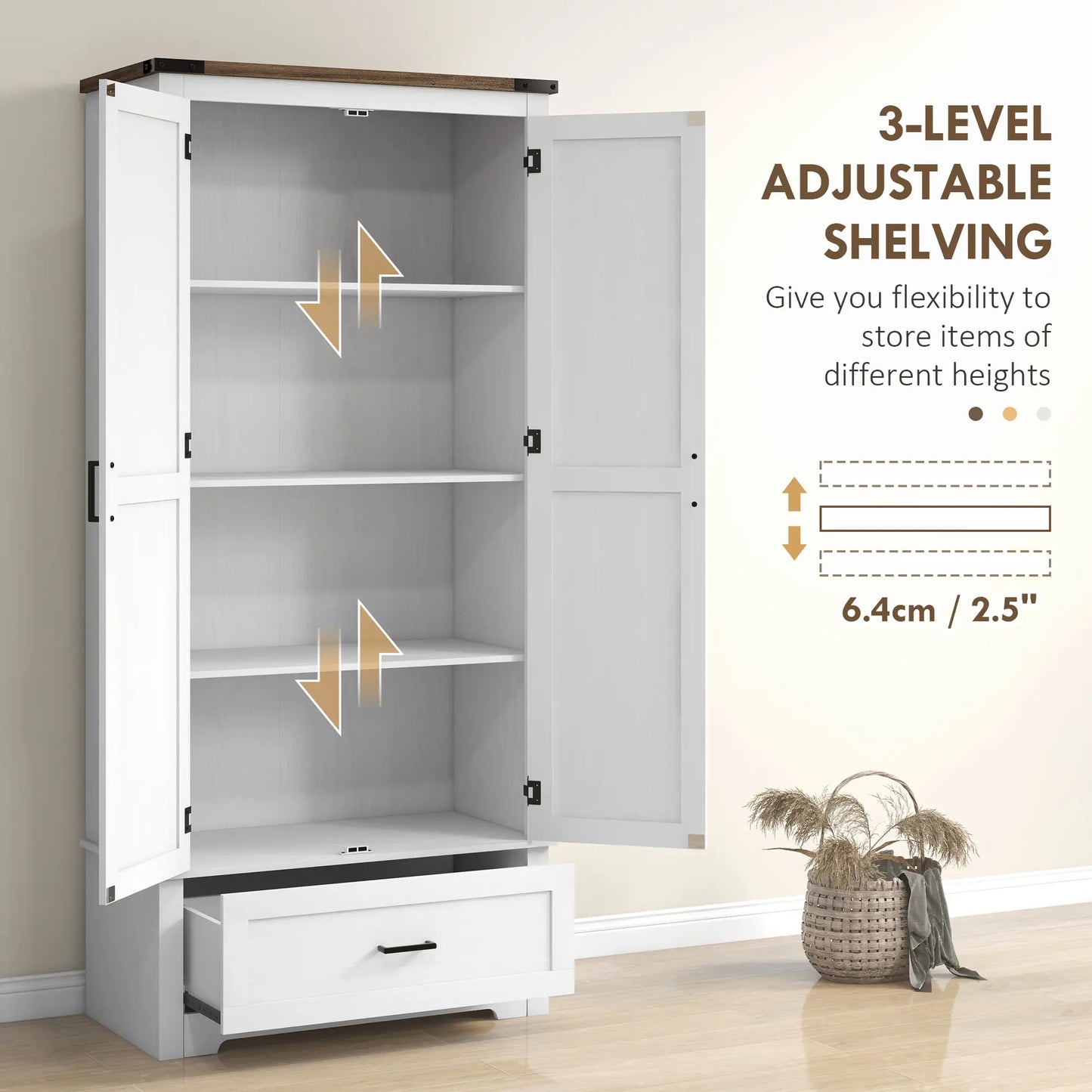 69" Tall Farmhouse Pantry Cabinet, 2 Doors, Drawer, Adjustable Shelves, White Kitchen Pantry Cabinets at Gallery Canada