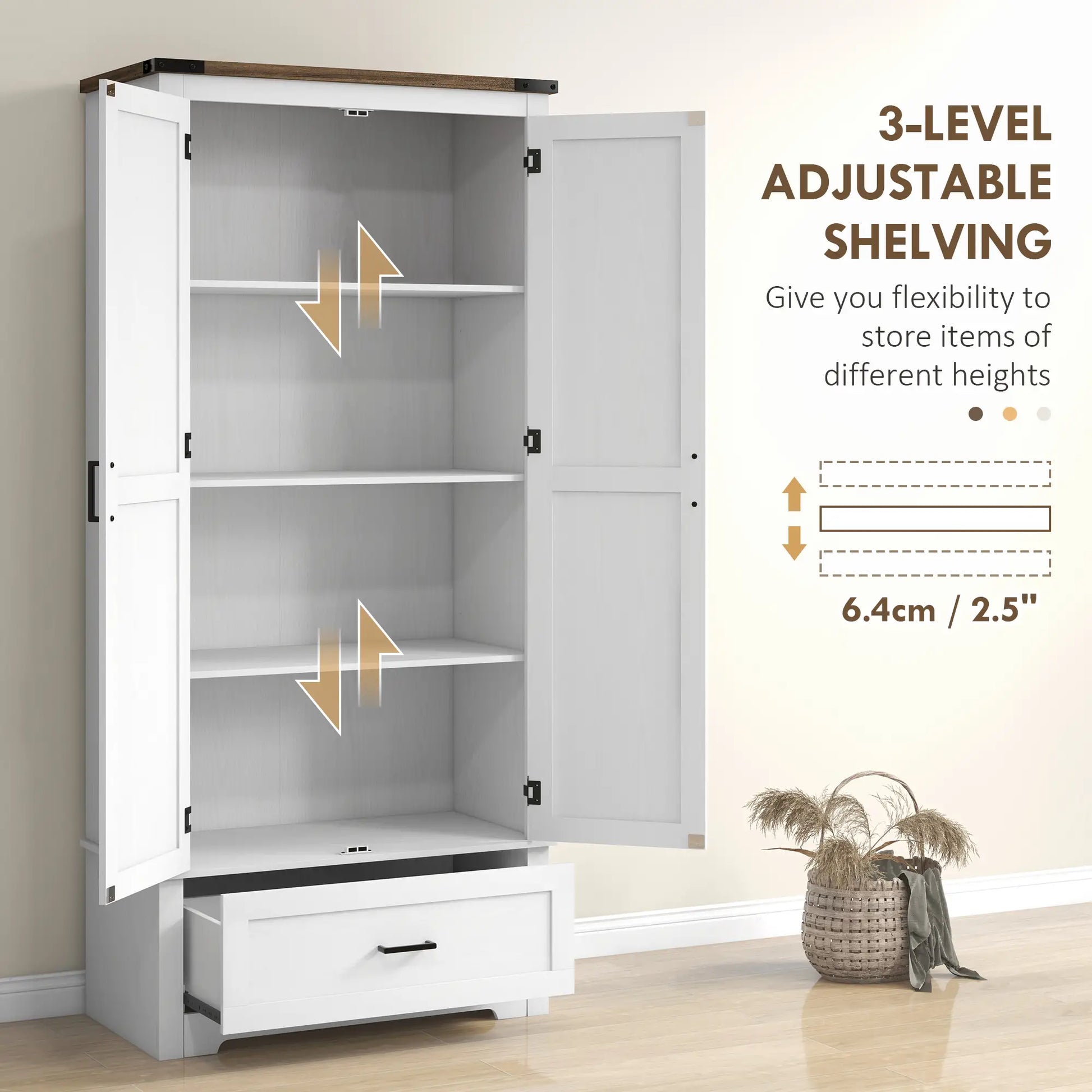 69" Tall Farmhouse Pantry Cabinet, 2 Doors, Drawer, Adjustable Shelves, White Kitchen Pantry Cabinets at Gallery Canada