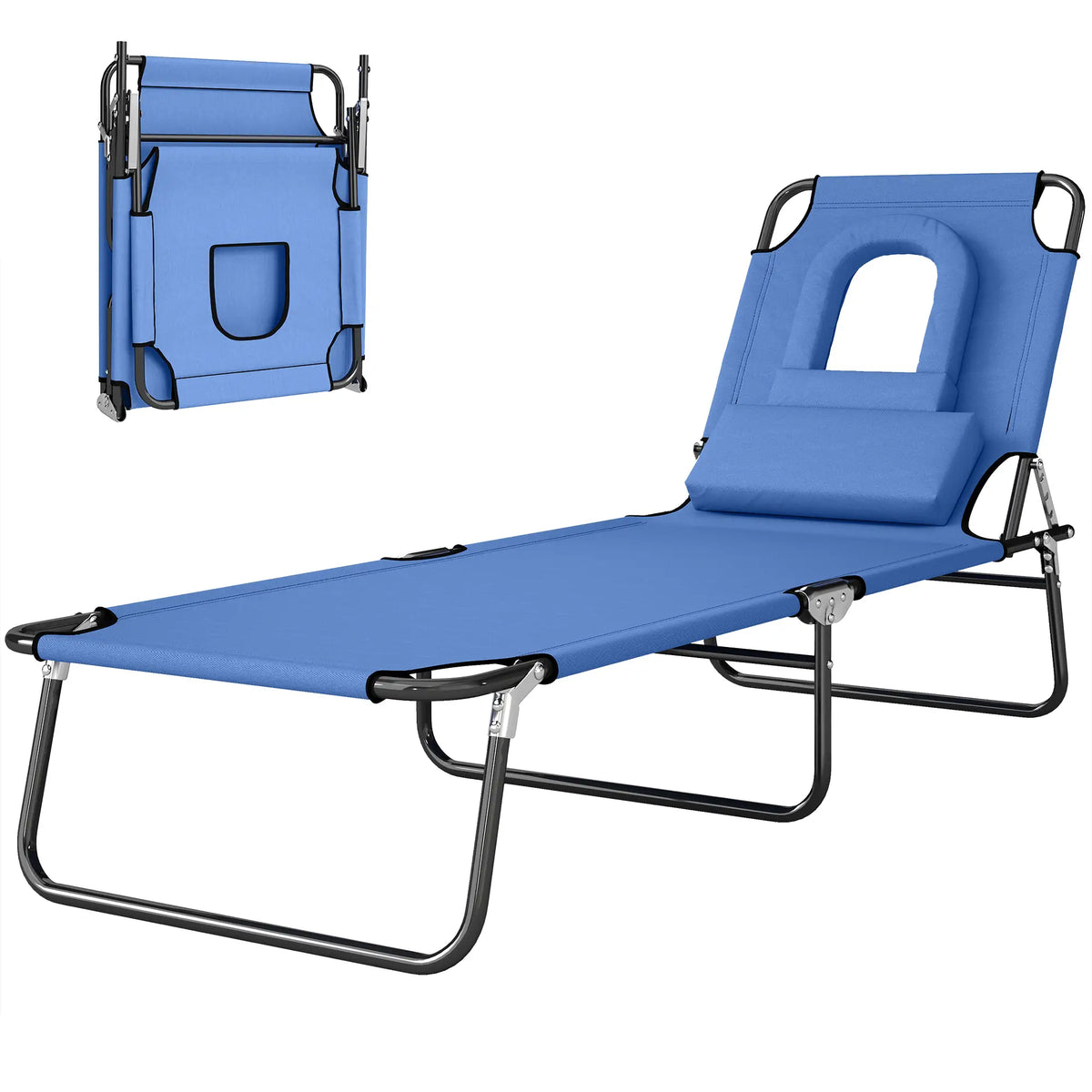 Adjustable Outdoor Lounge Chair, Folding Chaise with Face Hole, Blue