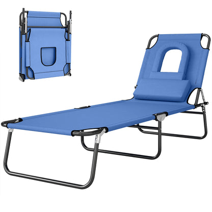 Adjustable Outdoor Lounge Chair, Folding Chaise with Face Hole, Blue