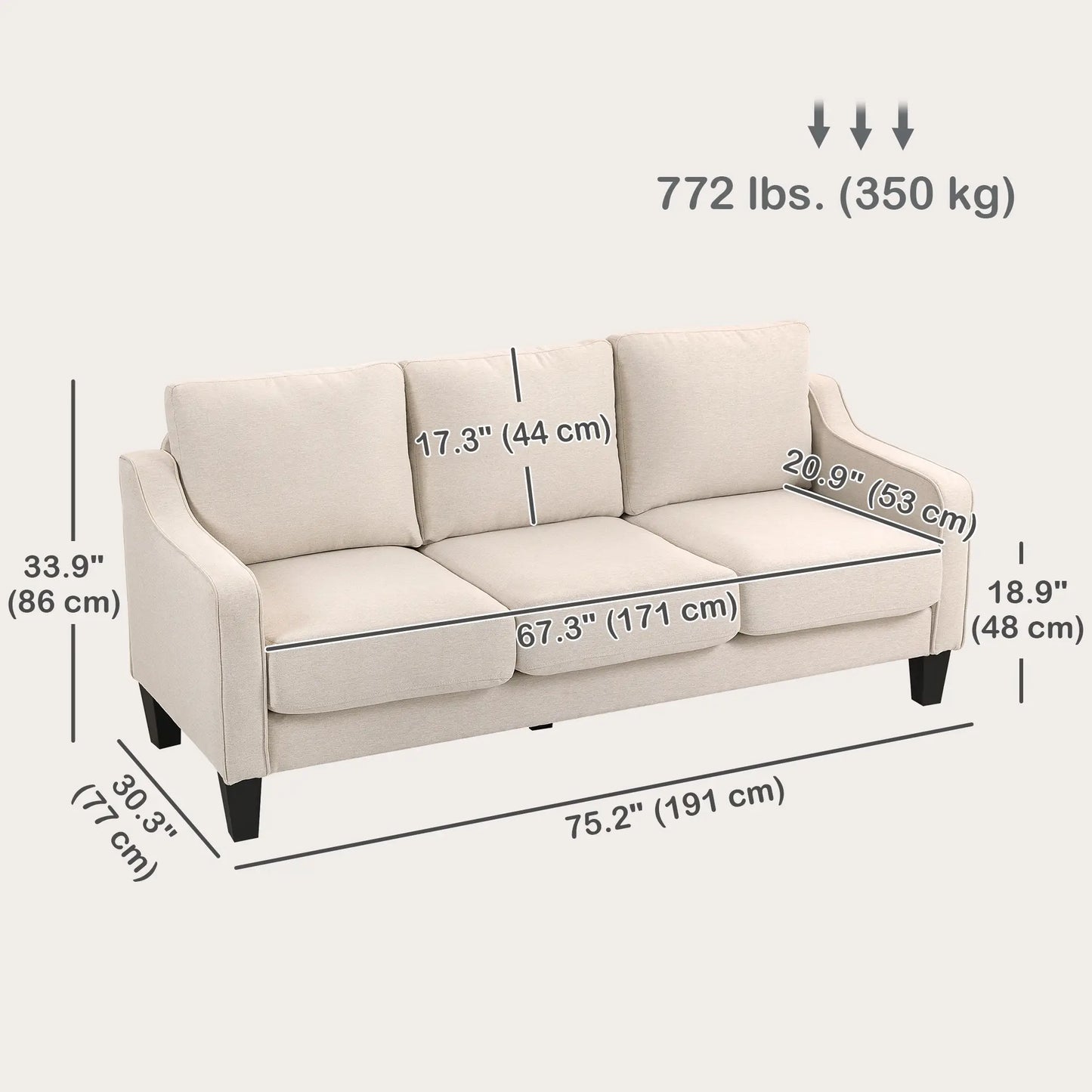3 Seater Sofa, Modern Linen Couch, Pocket Spring, Thick Padded, Beige 3-Seater Sofas at Gallery Canada