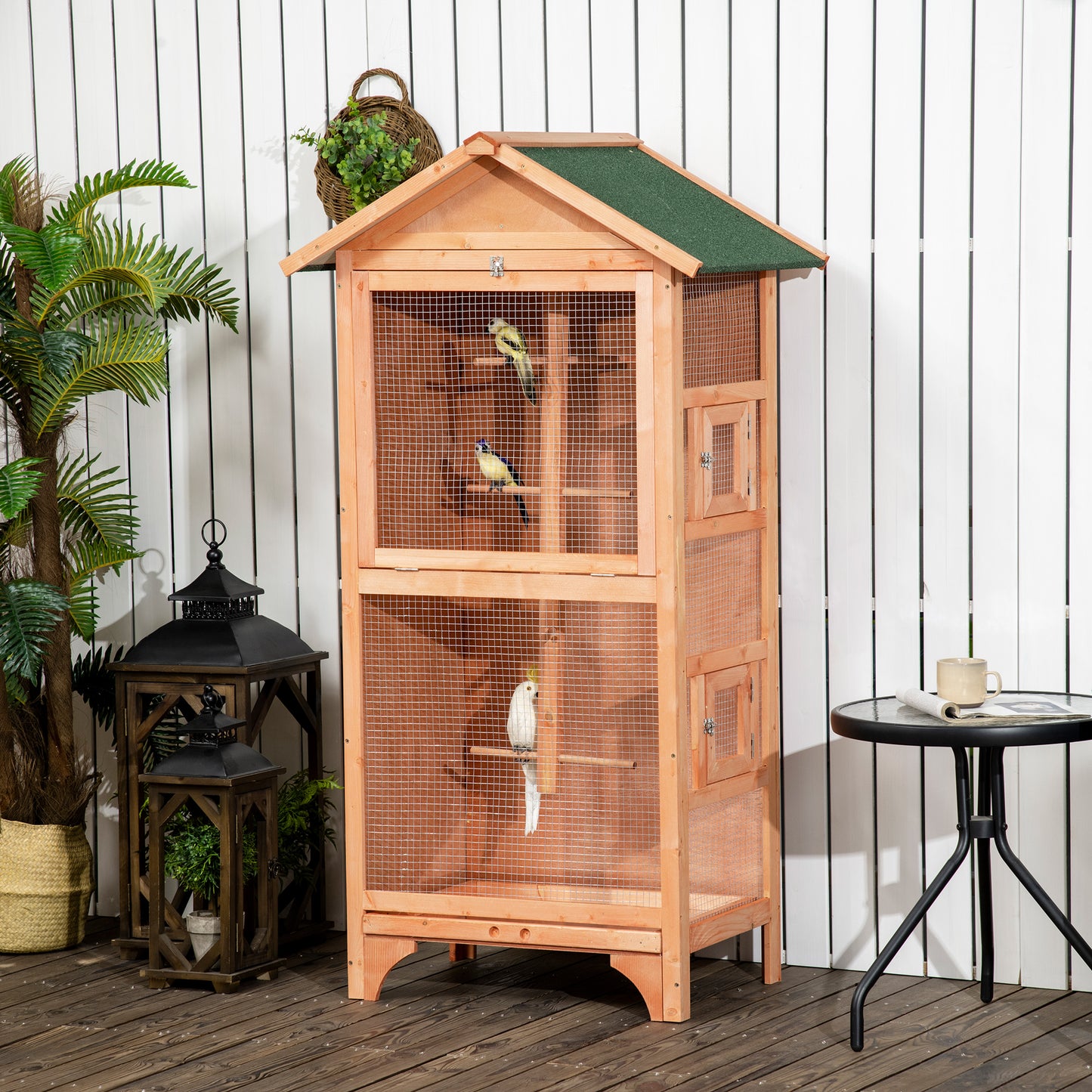 Wooden Bird Aviary Parrot Cage Pet Furniture with Removable Bottom Tray, 2 Doors, Asphalt Roof, 4 Perches, Orange at Gallery Canada