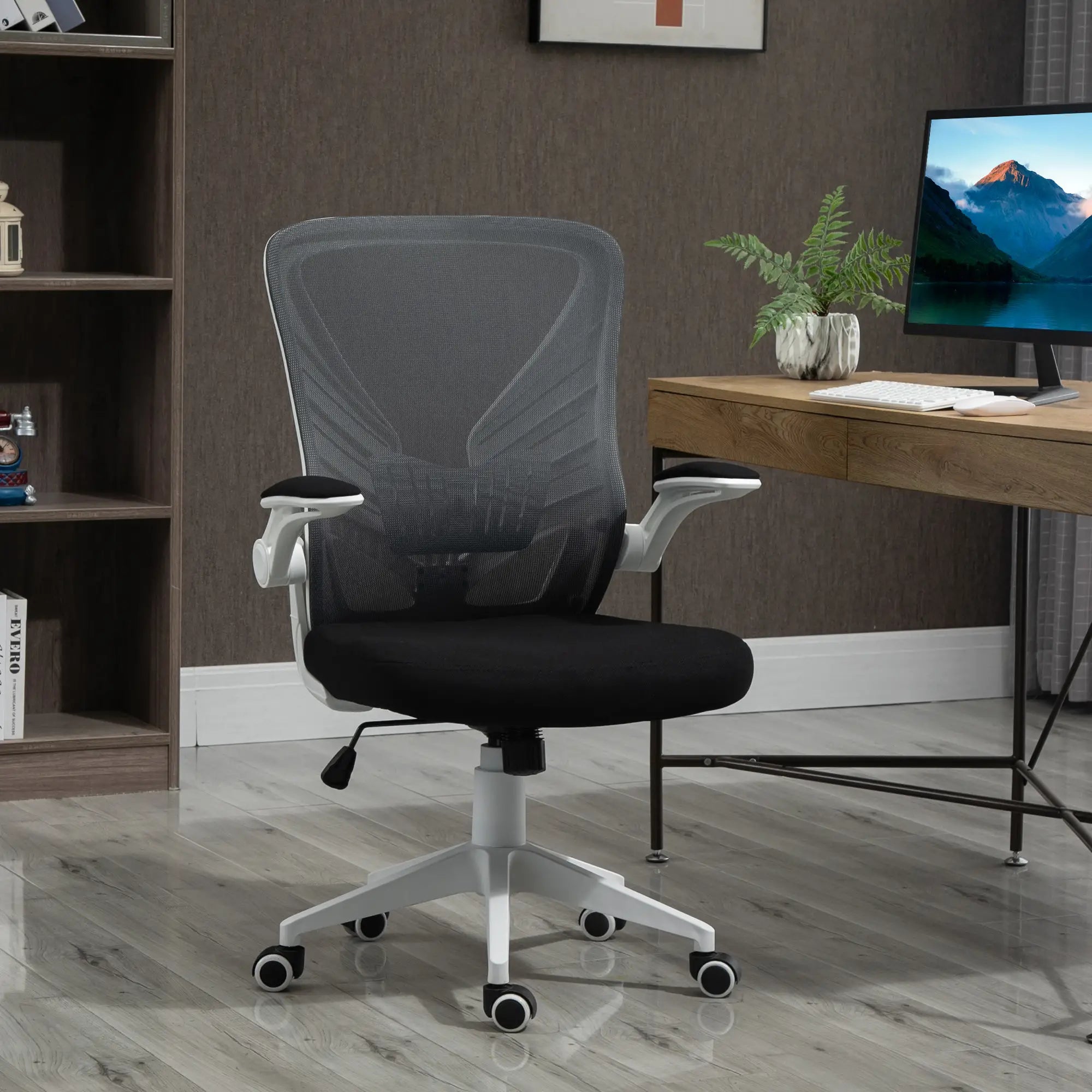 Mesh Office Chair, Swivel Task Desk, Lumbar Support, Flip-Up Arm, Adjustable Height, Grey/Black Task Chairs at Gallery Canada