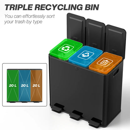 Triple Garbage Bin, Soft Close Trash Can, 3 x 20 Liter, Black Household Supplies at Gallery Canada