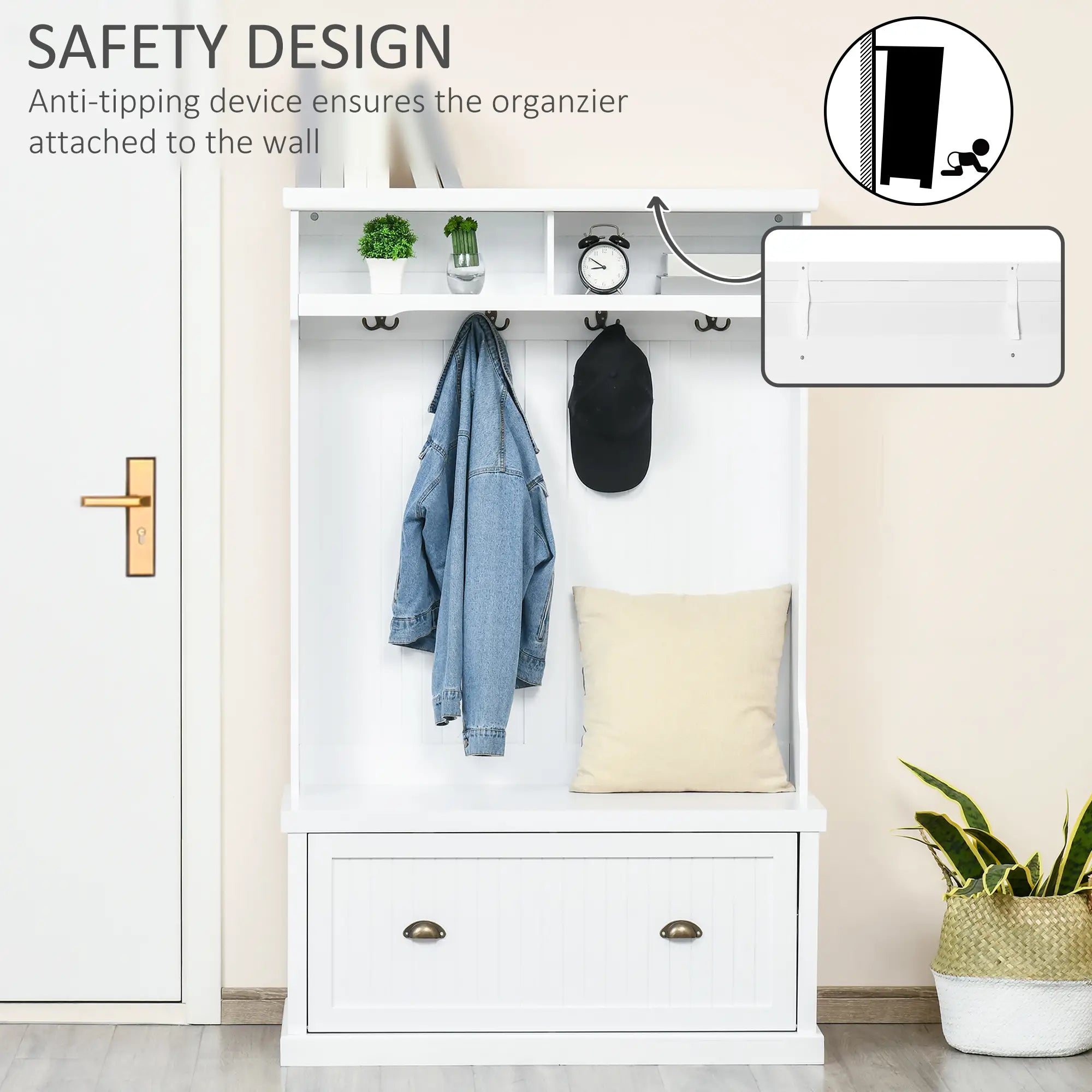 Modern Hall Tree, Coat Rack With Shoe Storage Bench, 3-in-1 Wardrobe, White Clothing Storage at Gallery Canada