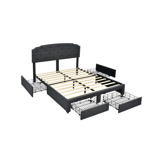Queen Platform Bed Frame, Adjustable Headboard, 4 Storage Drawers, Gray Simple Bed Frame Gray at Gallery Canada