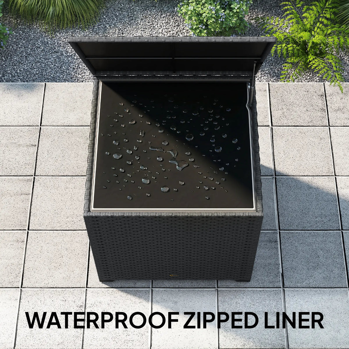 67 Gallon Rattan Deck Box, Waterproof Zippered Liner, Grey Patio Storage Boxes at Gallery Canada