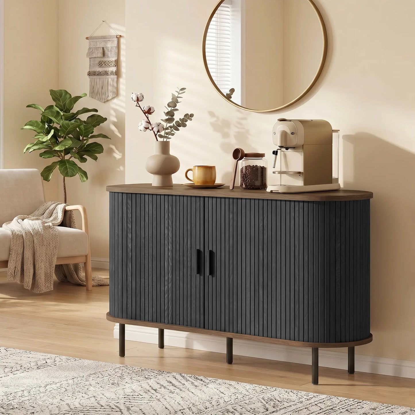Fluted Sideboard Buffet Cabinet, 55", Black
