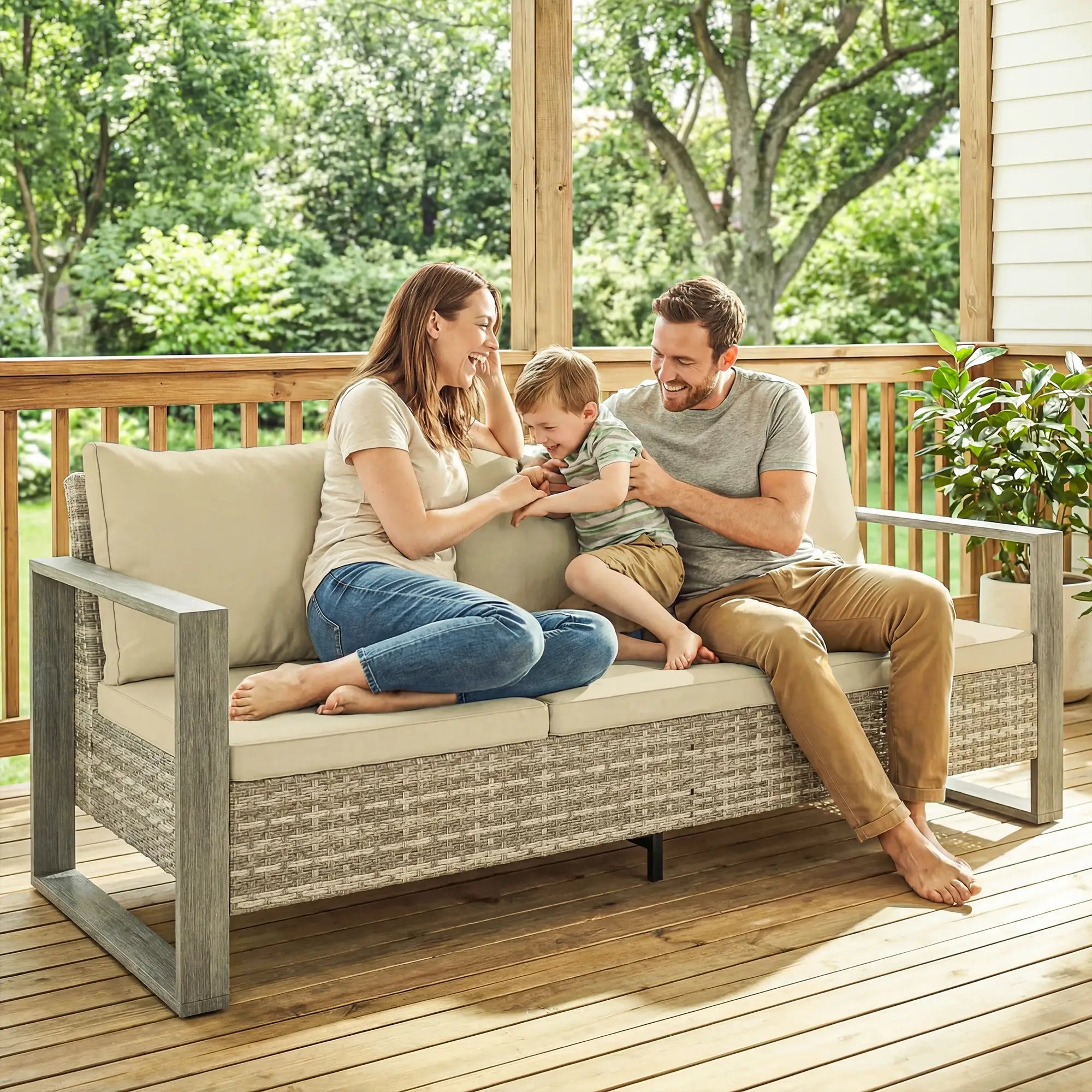3-Seater Outdoor Couch, PE Wicker Patio Sofa, Khaki Patio Furniture Sets at Gallery Canada